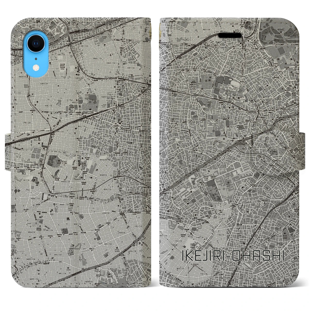 【池尻大橋(東京都)】地図柄iPhoneケース(手帳タイプ)モノトーン・iPhone XR 用