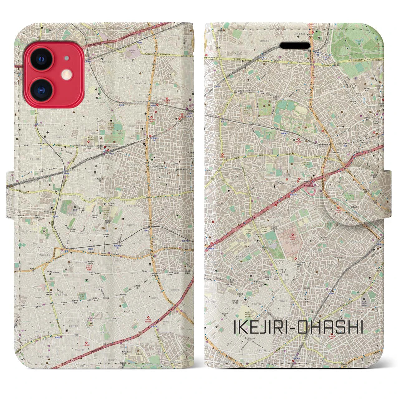 【池尻大橋(東京都)】地図柄iPhoneケース(手帳タイプ)ナチュラル・iPhone 11 用