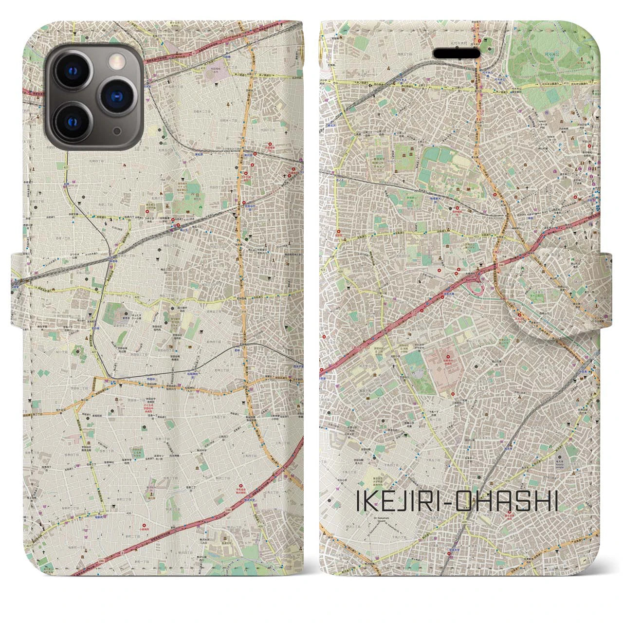 【池尻大橋(東京都)】地図柄iPhoneケース(手帳タイプ)ナチュラル・iPhone 11 Pro Max 用