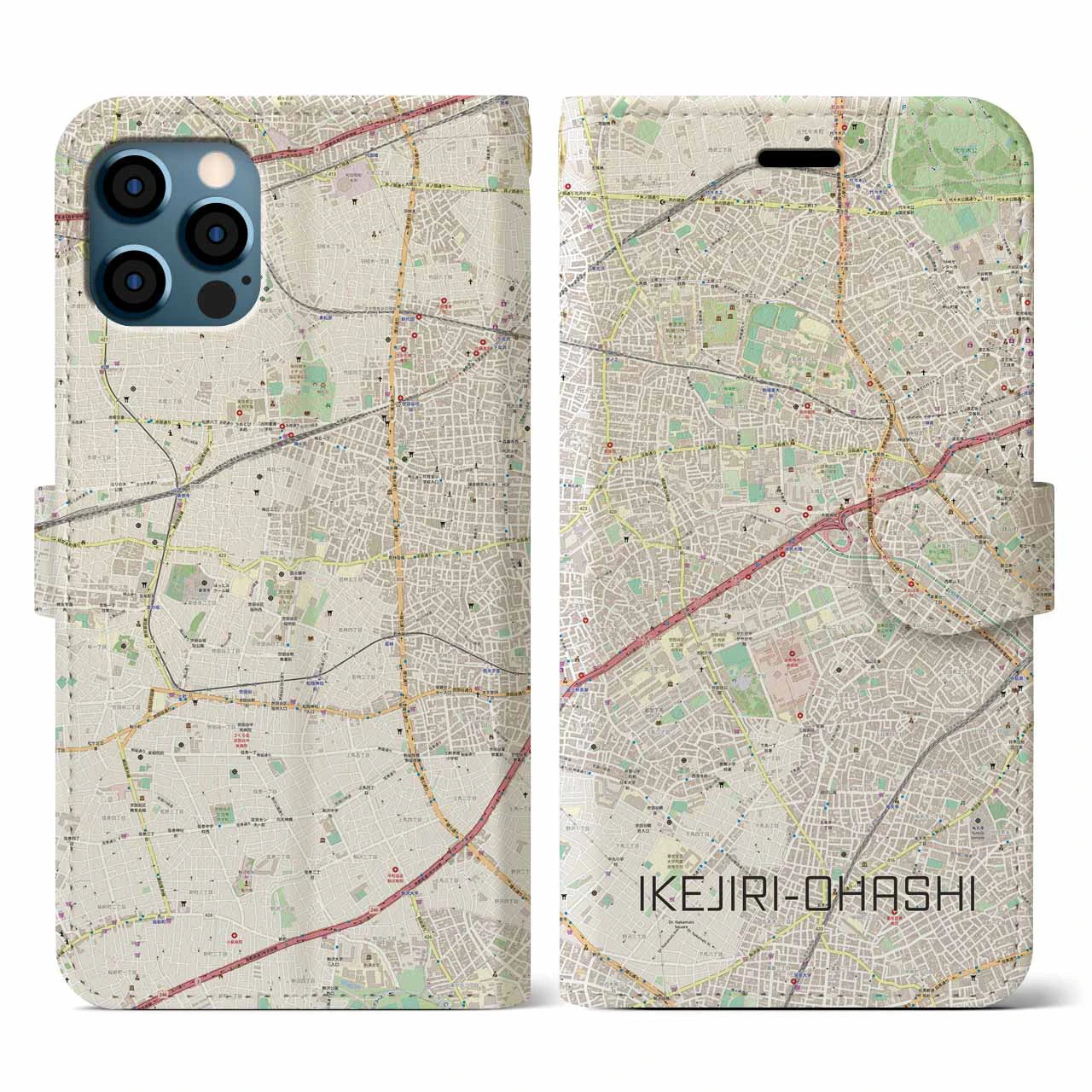 【池尻大橋(東京都)】地図柄iPhoneケース(手帳タイプ)ナチュラル・iPhone 12 / 12 Pro 用