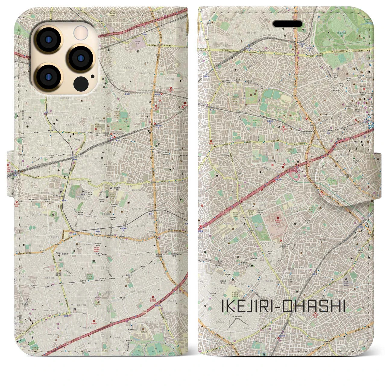 【池尻大橋(東京都)】地図柄iPhoneケース(手帳タイプ)ナチュラル・iPhone 12 Pro Max 用