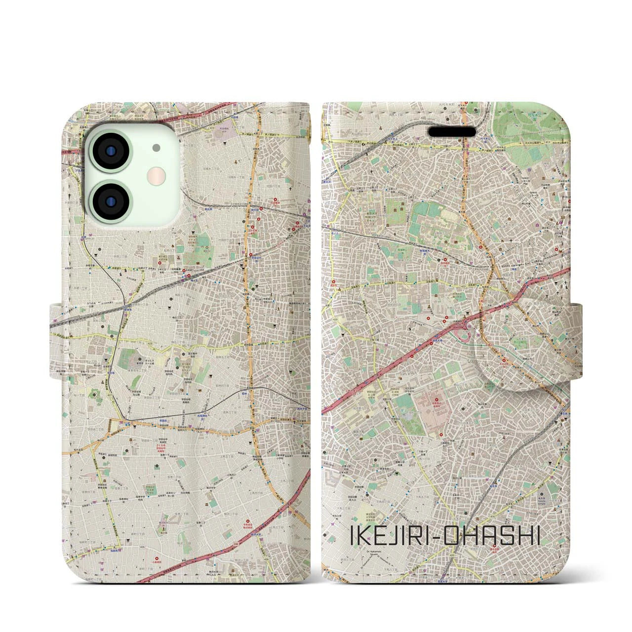 【池尻大橋(東京都)】地図柄iPhoneケース(手帳タイプ)ナチュラル・iPhone 12 mini 用