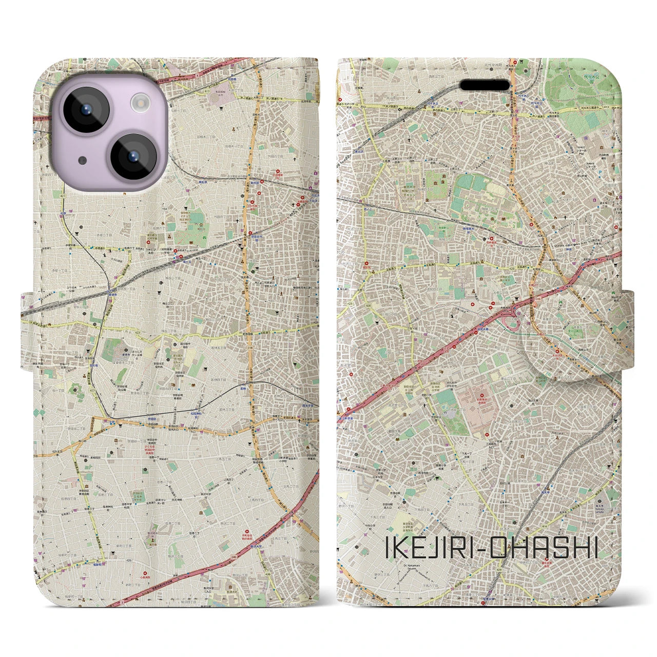 【池尻大橋(東京都)】地図柄iPhoneケース(手帳タイプ)ナチュラル・iPhone 14 用