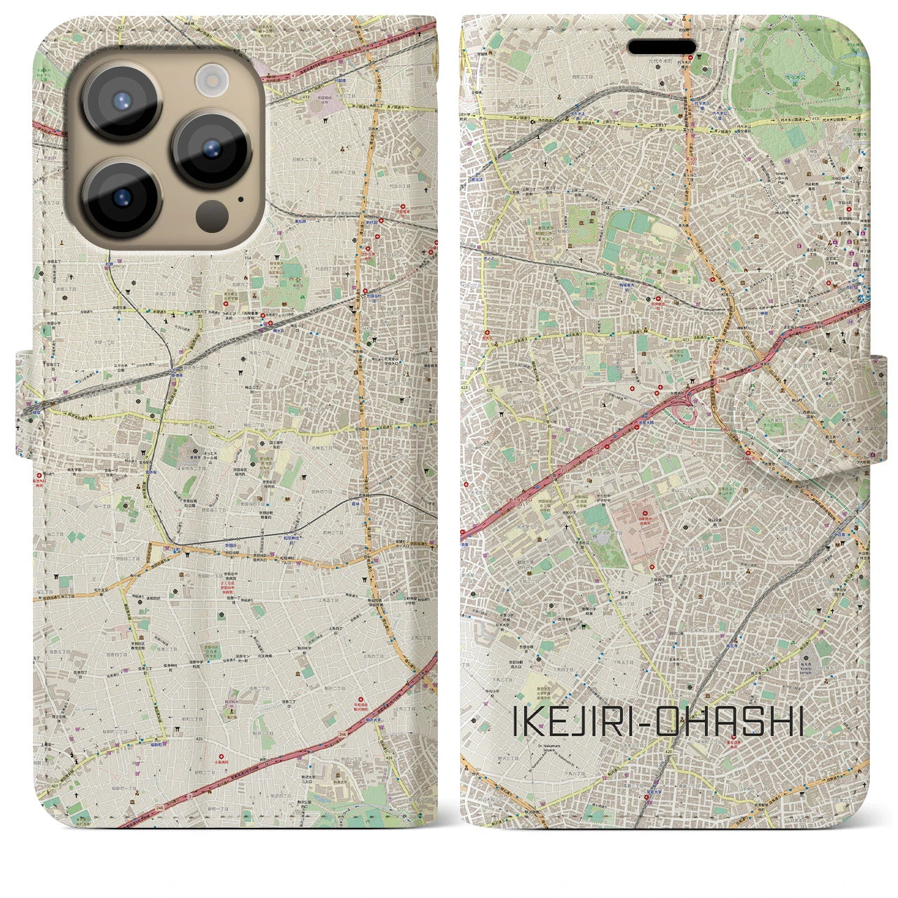 【池尻大橋(東京都)】地図柄iPhoneケース(手帳タイプ)ナチュラル・iPhone 14 Pro Max 用
