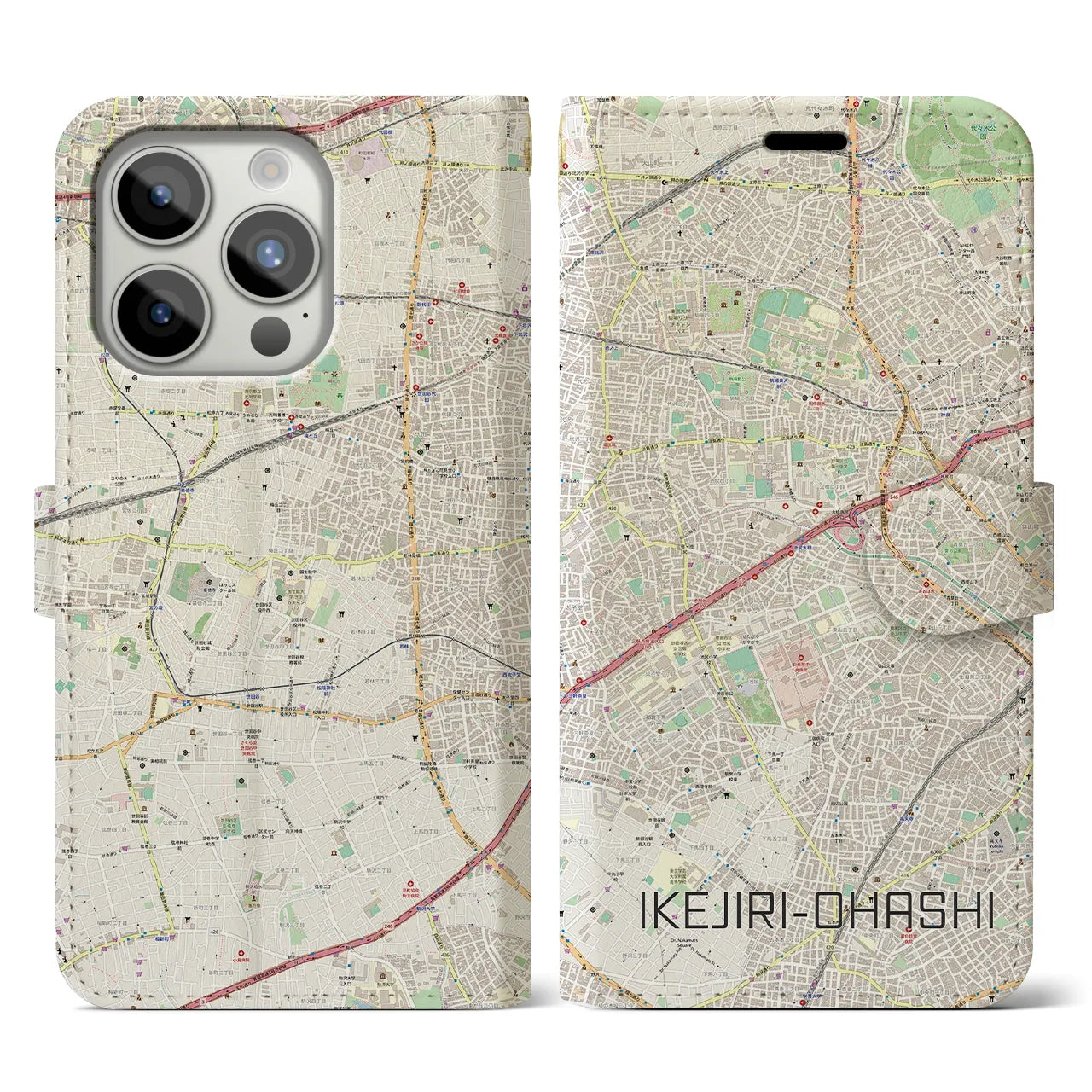 【池尻大橋(東京都)】地図柄iPhoneケース(手帳タイプ)ナチュラル・iPhone 15 Pro 用