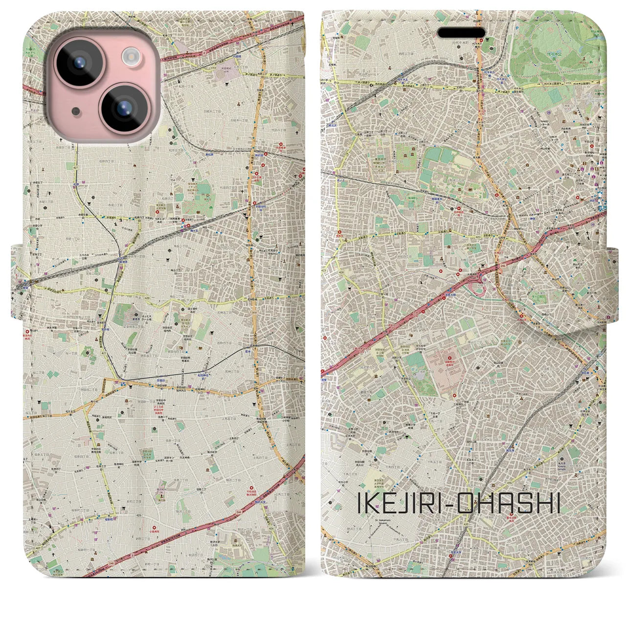 【池尻大橋(東京都)】地図柄iPhoneケース(手帳タイプ)ナチュラル・iPhone 15 Plus 用