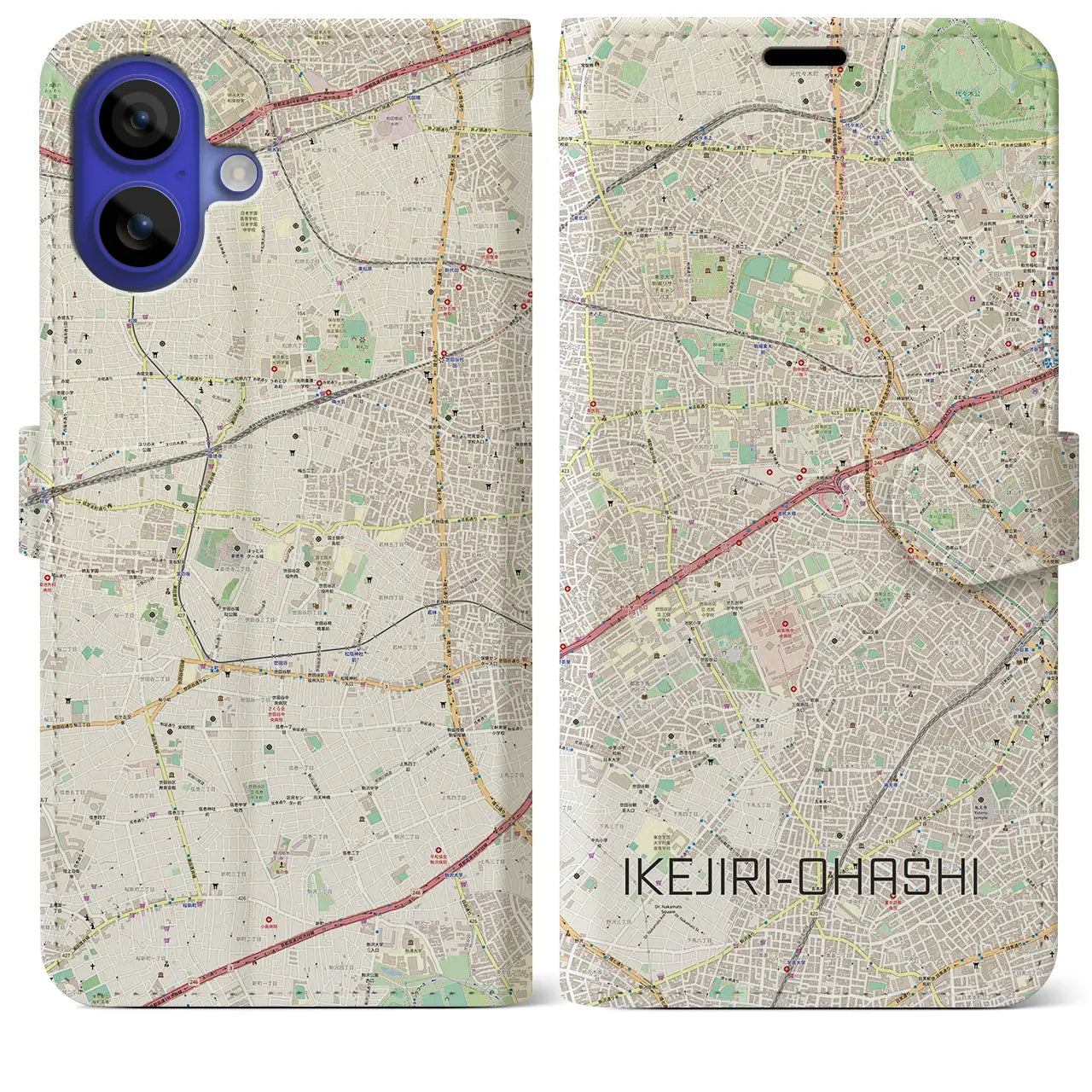 【池尻大橋(東京都)】地図柄iPhoneケース(手帳タイプ)ナチュラル・iPhone 16 Pro Max 用