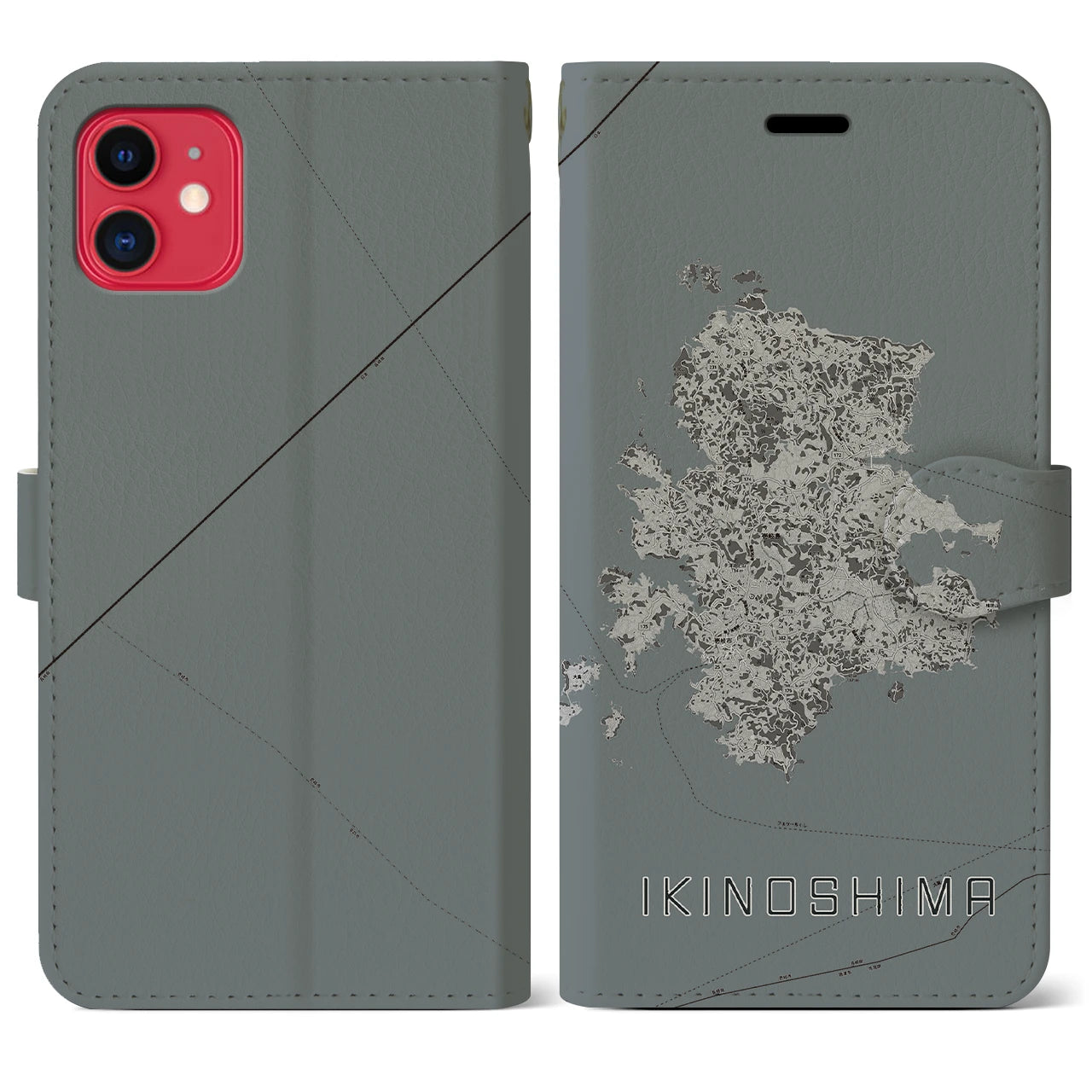 【壱岐島(長崎県)】地図柄iPhoneケース(手帳タイプ)モノトーン・iPhone 11 用