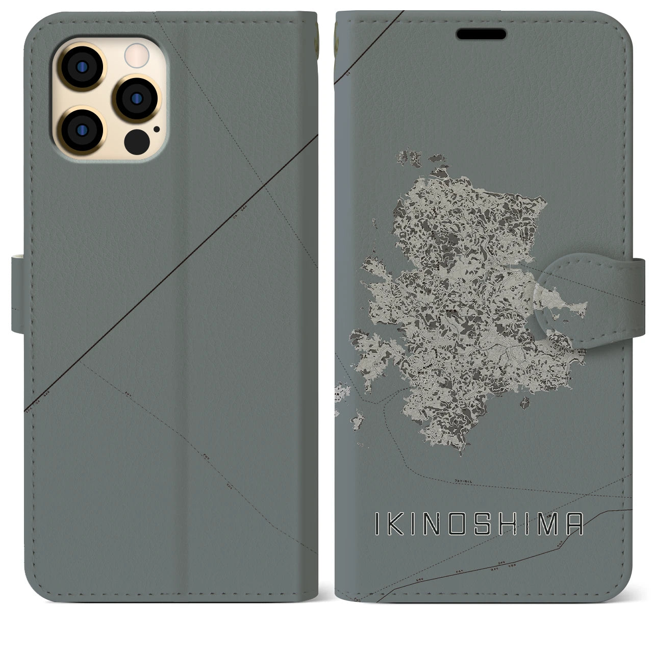 【壱岐島(長崎県)】地図柄iPhoneケース(手帳タイプ)モノトーン・iPhone 12 Pro Max 用