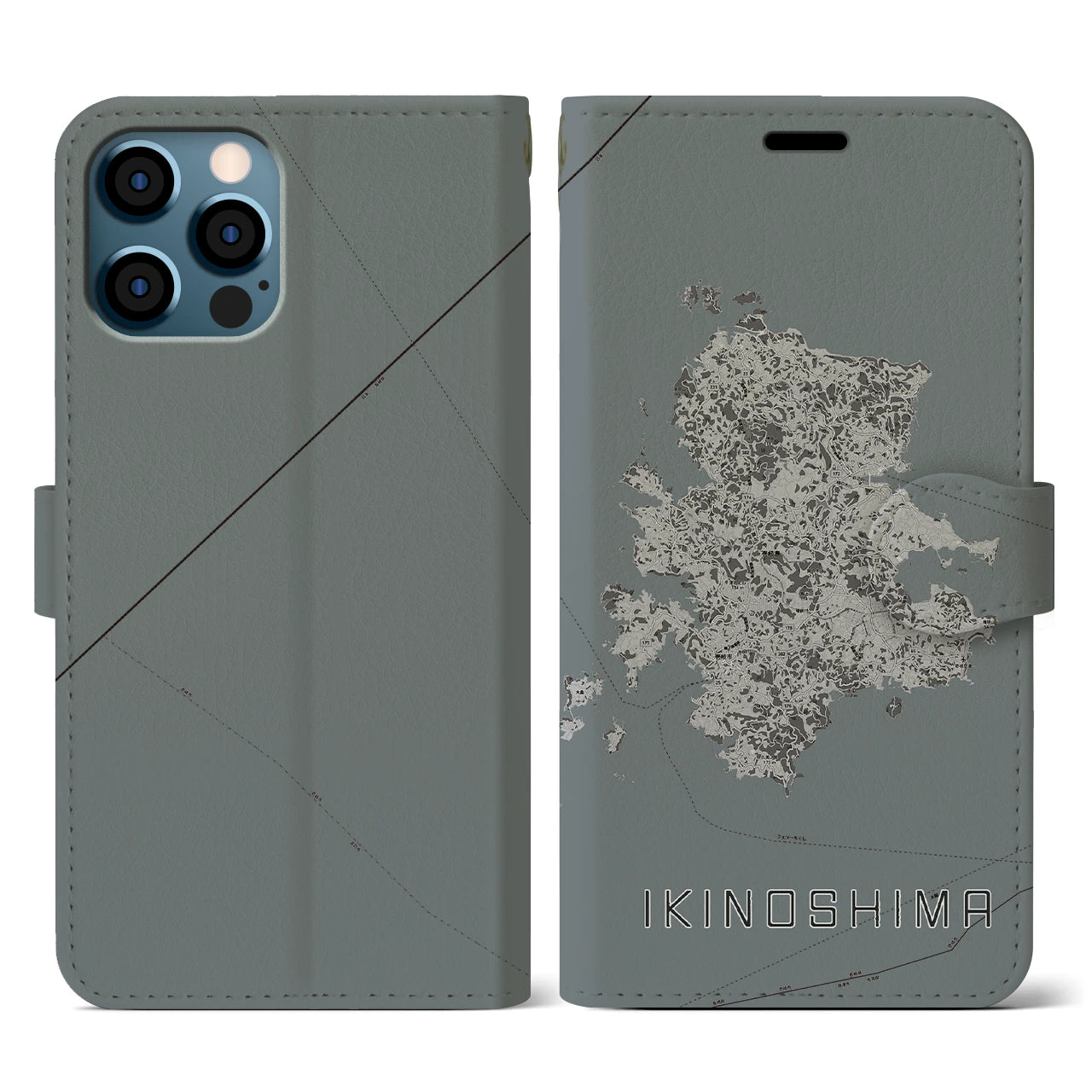 【壱岐島(長崎県)】地図柄iPhoneケース(手帳タイプ)モノトーン・iPhone 12 / 12 Pro 用