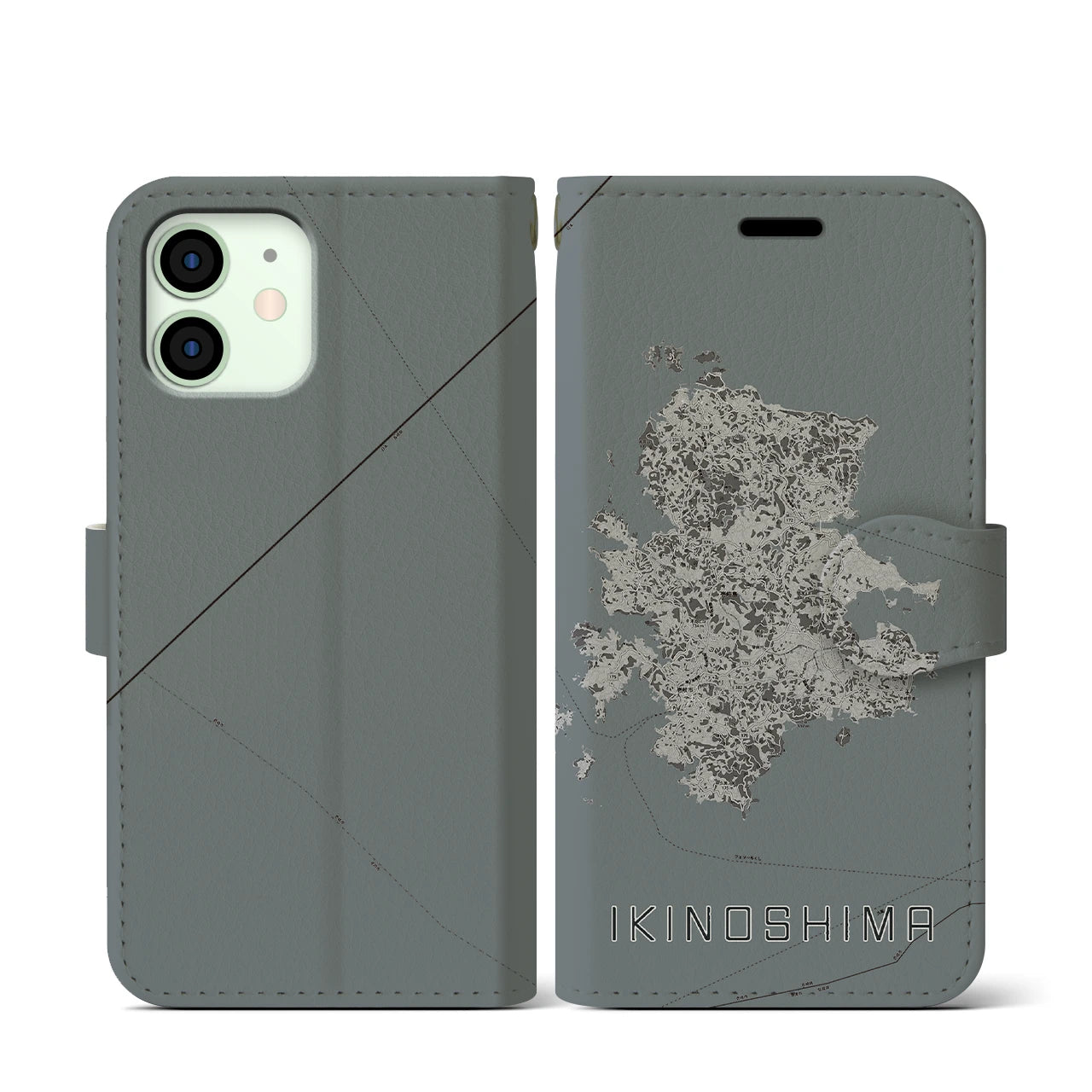 【壱岐島(長崎県)】地図柄iPhoneケース(手帳タイプ)モノトーン・iPhone 12 mini 用