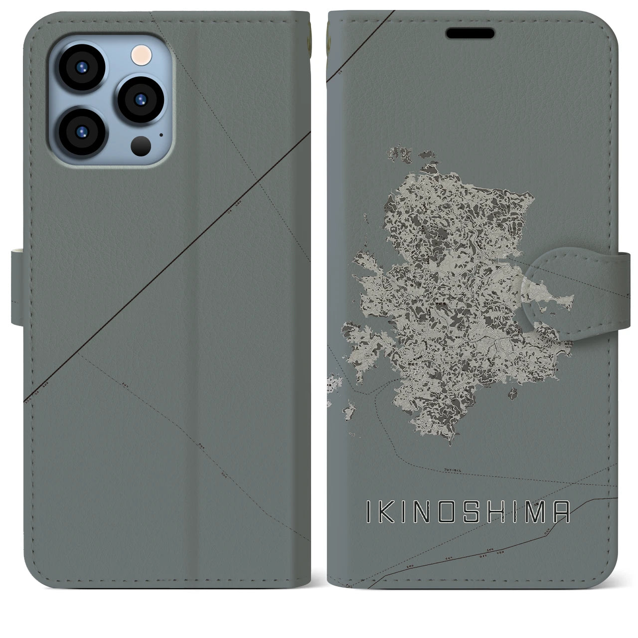 【壱岐島(長崎県)】地図柄iPhoneケース(手帳タイプ)モノトーン・iPhone 13 Pro Max 用