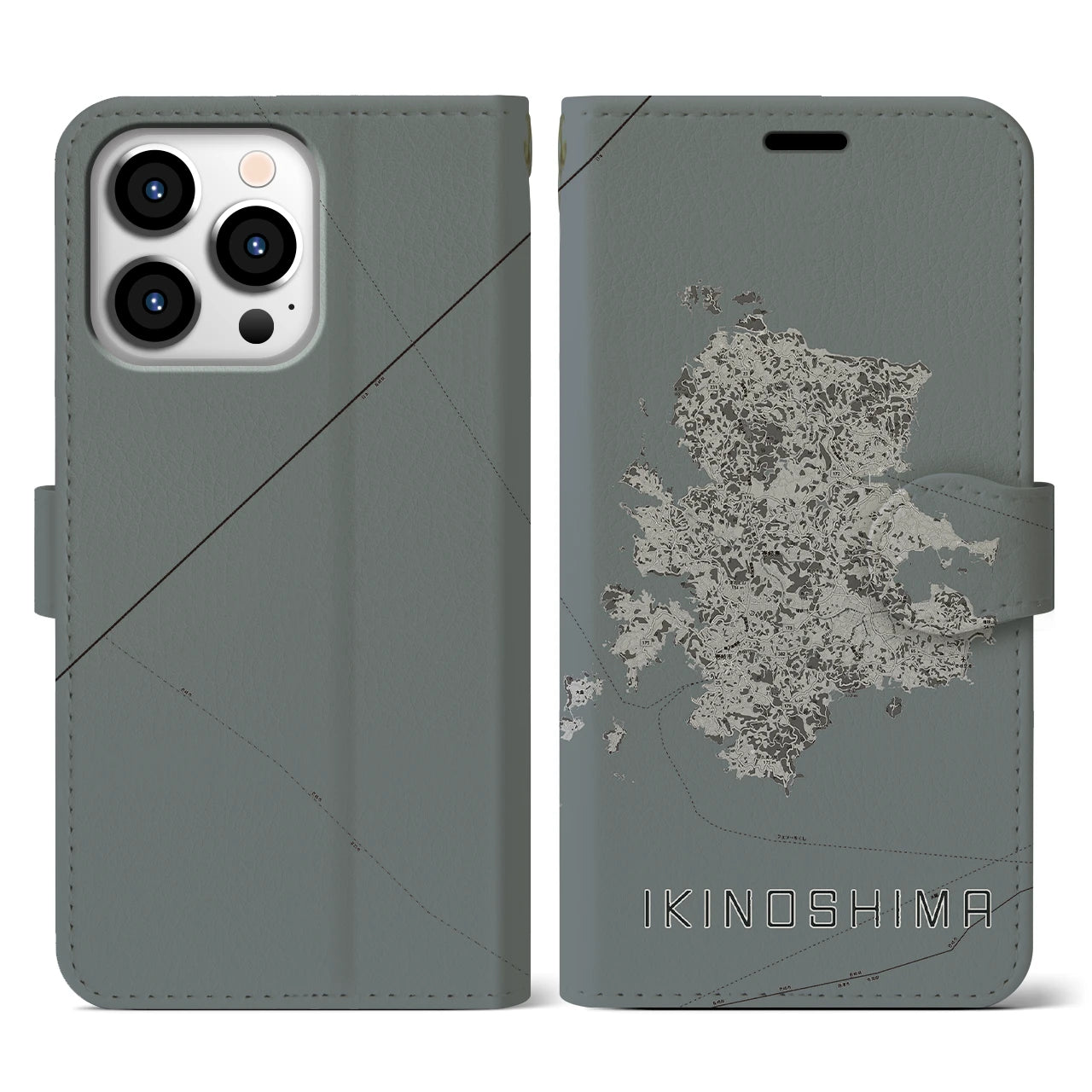 【壱岐島(長崎県)】地図柄iPhoneケース(手帳タイプ)モノトーン・iPhone 13 Pro 用