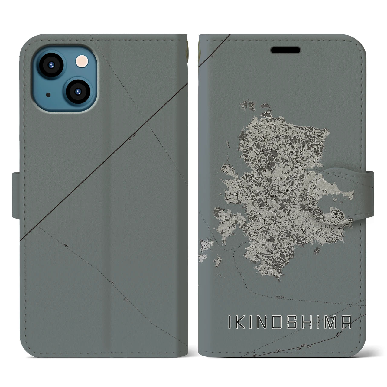 【壱岐島(長崎県)】地図柄iPhoneケース(手帳タイプ)モノトーン・iPhone 13 用