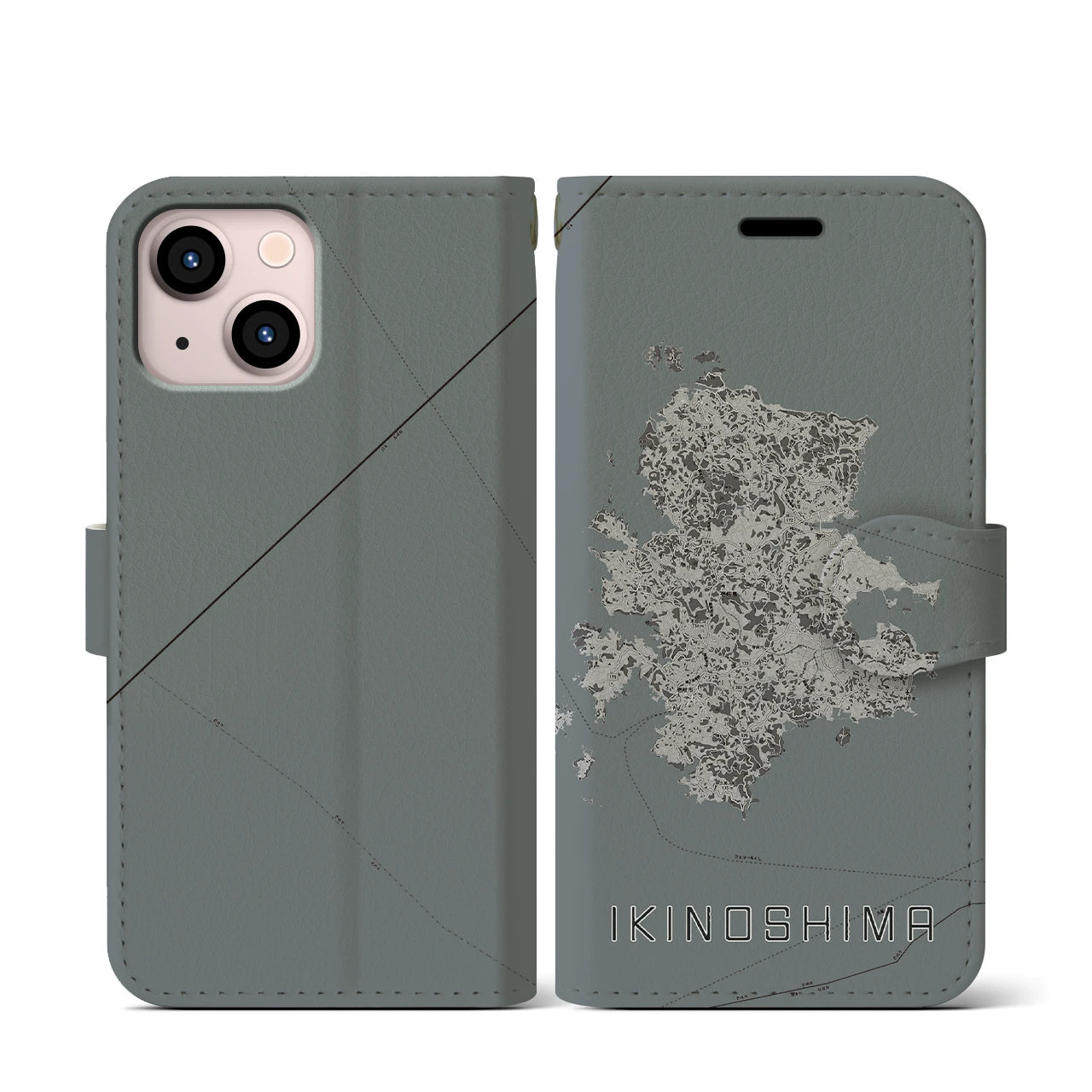 【壱岐島(長崎県)】地図柄iPhoneケース(手帳タイプ)モノトーン・iPhone 13 mini 用