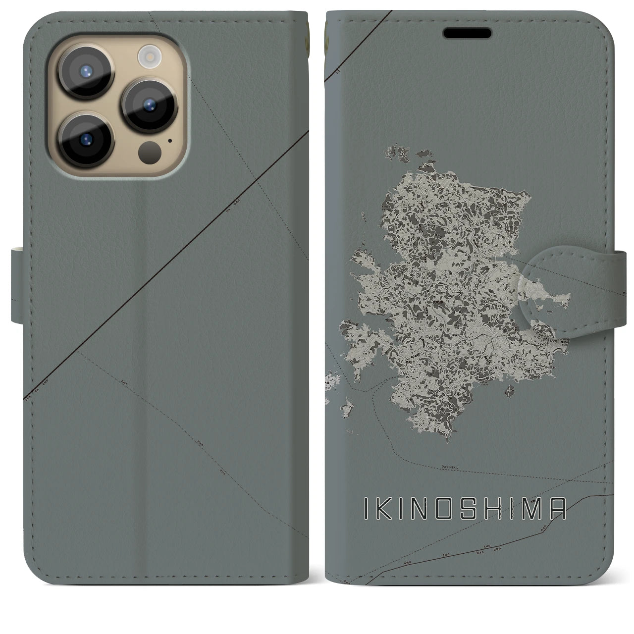 【壱岐島(長崎県)】地図柄iPhoneケース(手帳タイプ)モノトーン・iPhone 14 Pro Max 用
