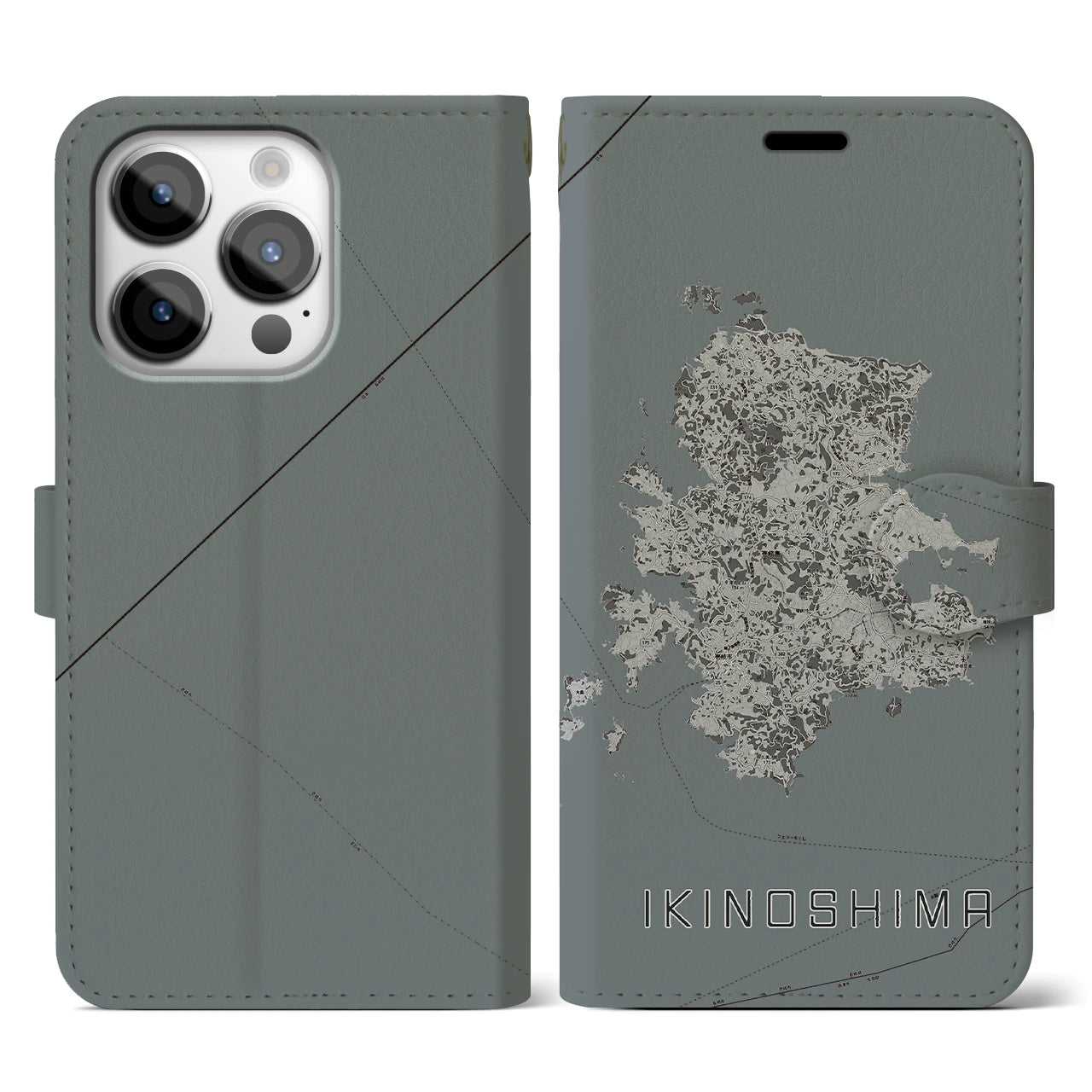 【壱岐島(長崎県)】地図柄iPhoneケース(手帳タイプ)モノトーン・iPhone 14 Pro 用