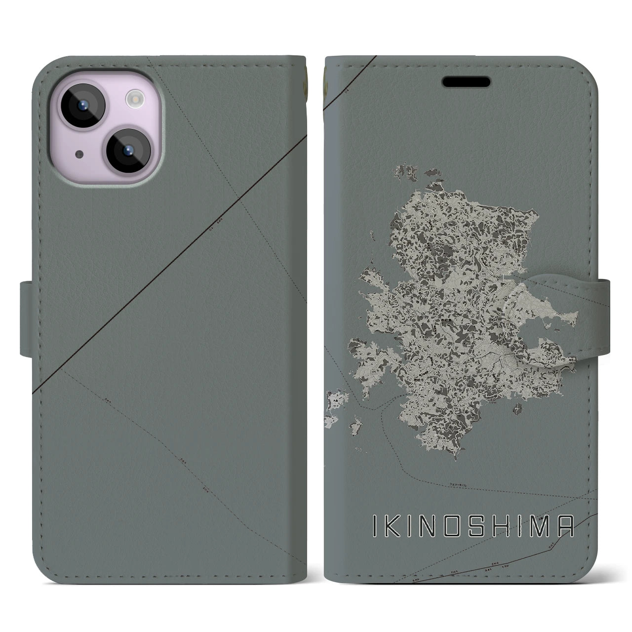 【壱岐島(長崎県)】地図柄iPhoneケース(手帳タイプ)モノトーン・iPhone 14 用