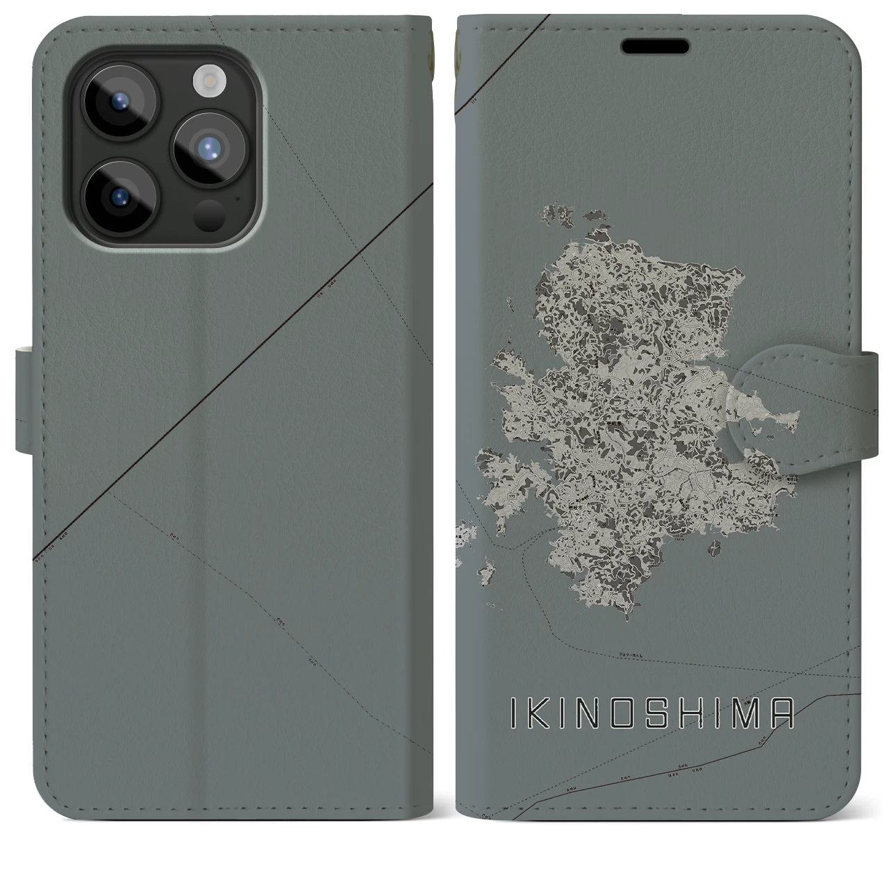 【壱岐島(長崎県)】地図柄iPhoneケース(手帳タイプ)モノトーン・iPhone 15 Pro Max 用