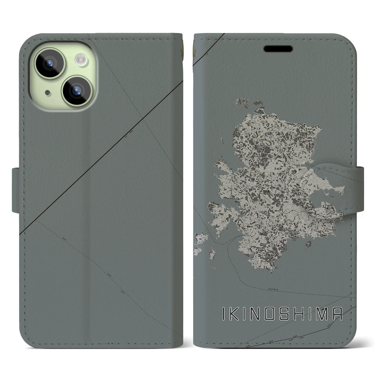 【壱岐島(長崎県)】地図柄iPhoneケース(手帳タイプ)モノトーン・iPhone 15 用