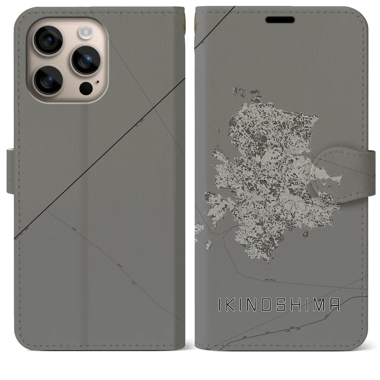 【壱岐島(長崎県)】地図柄iPhoneケース(手帳タイプ)モノトーン・iPhone 16 Plus 用