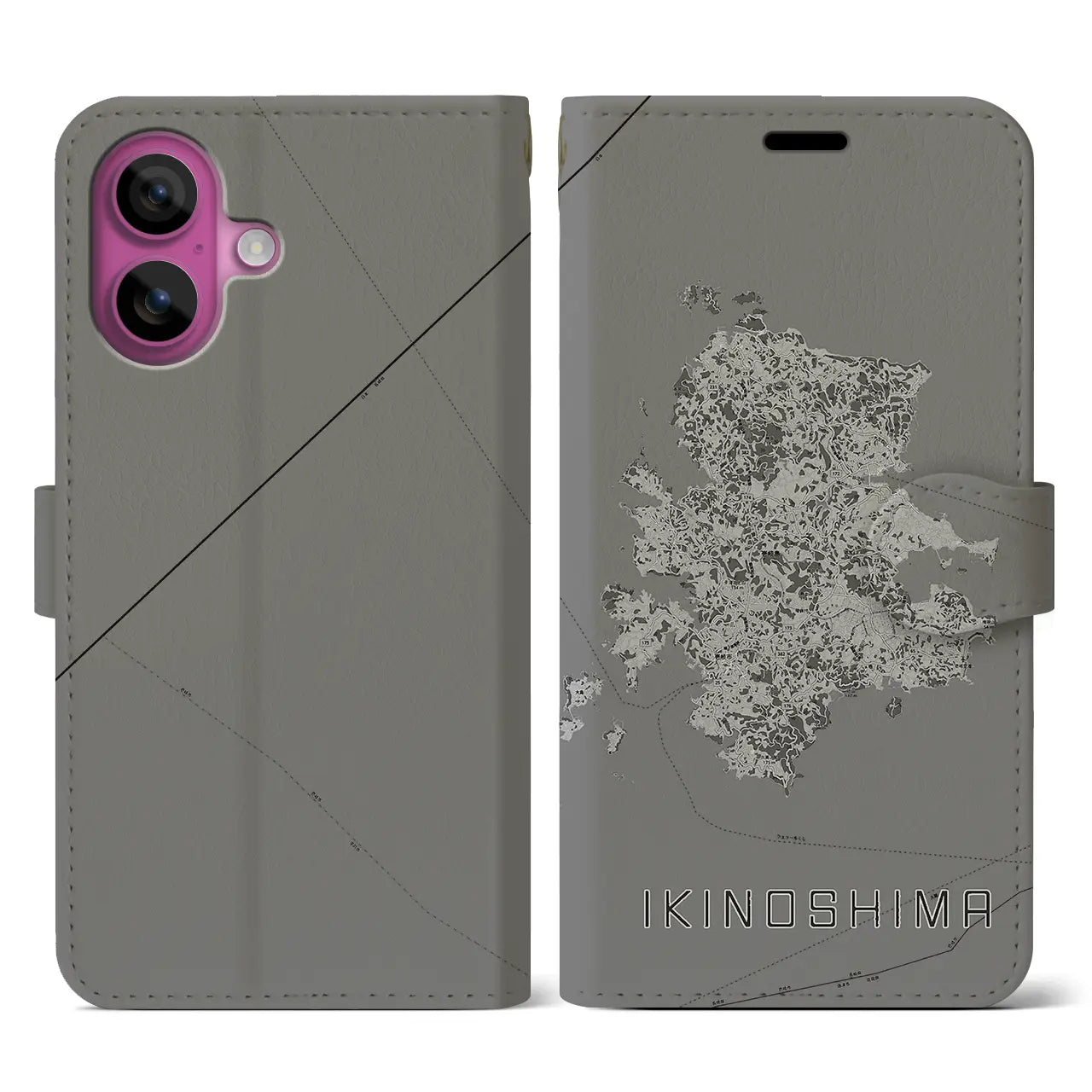 【壱岐島(長崎県)】地図柄iPhoneケース(手帳タイプ)モノトーン・iPhone 16 Pro 用