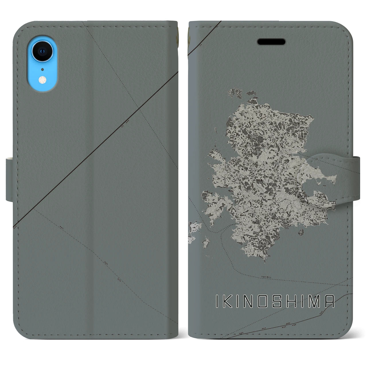 【壱岐島(長崎県)】地図柄iPhoneケース(手帳タイプ)モノトーン・iPhone XR 用