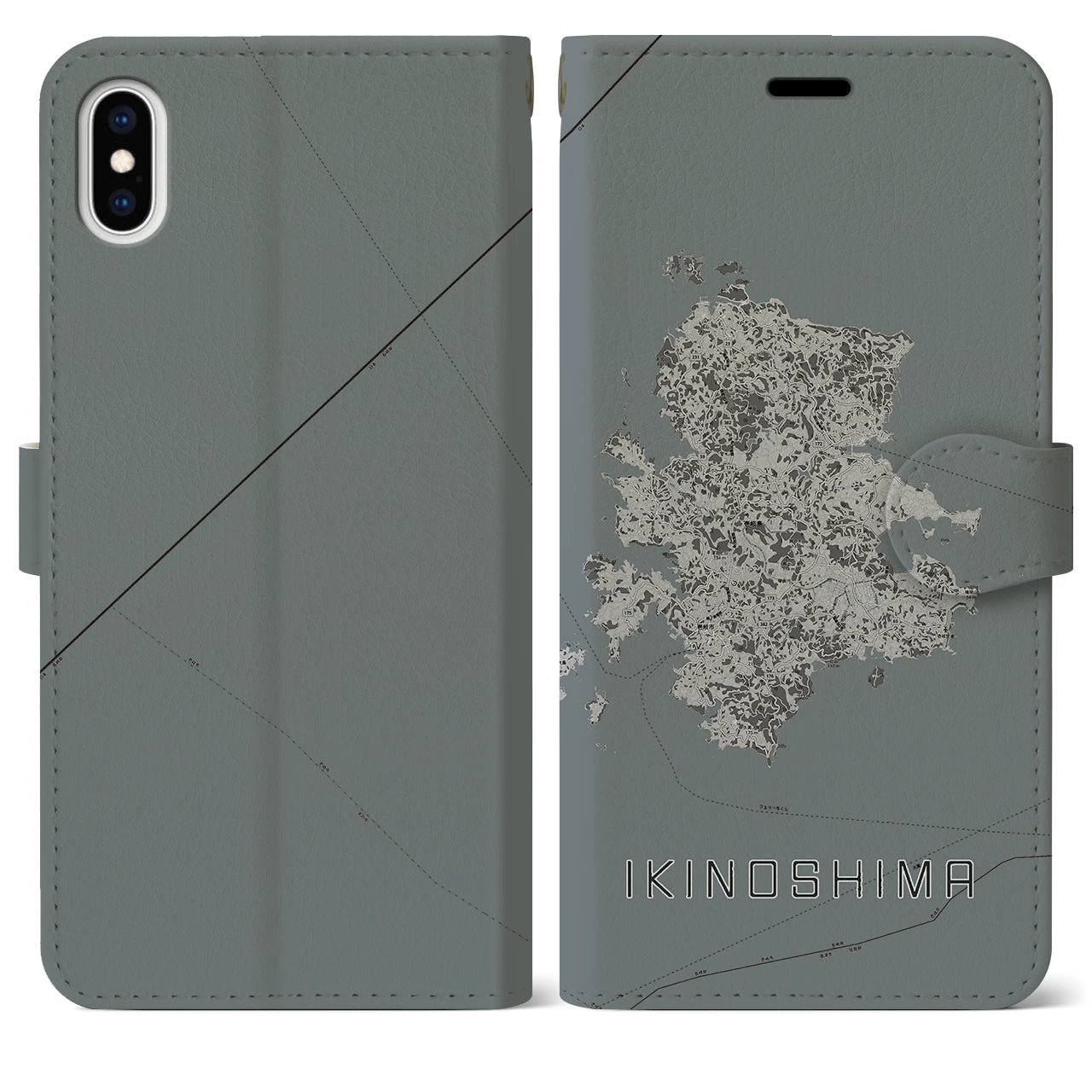 【壱岐島(長崎県)】地図柄iPhoneケース(手帳タイプ)モノトーン・iPhone XS Max 用