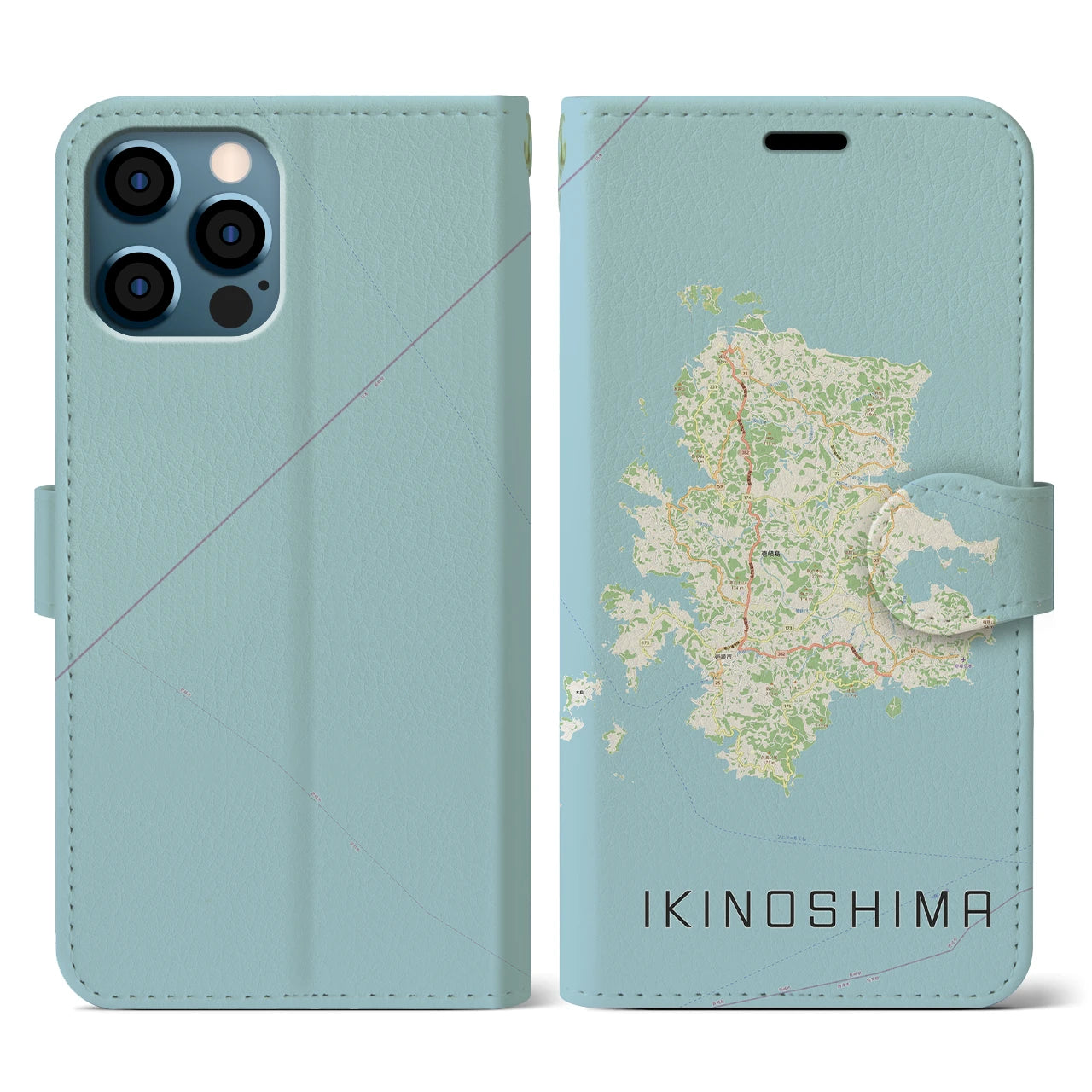 【壱岐島(長崎県)】地図柄iPhoneケース(手帳タイプ)ナチュラル・iPhone 12 / 12 Pro 用