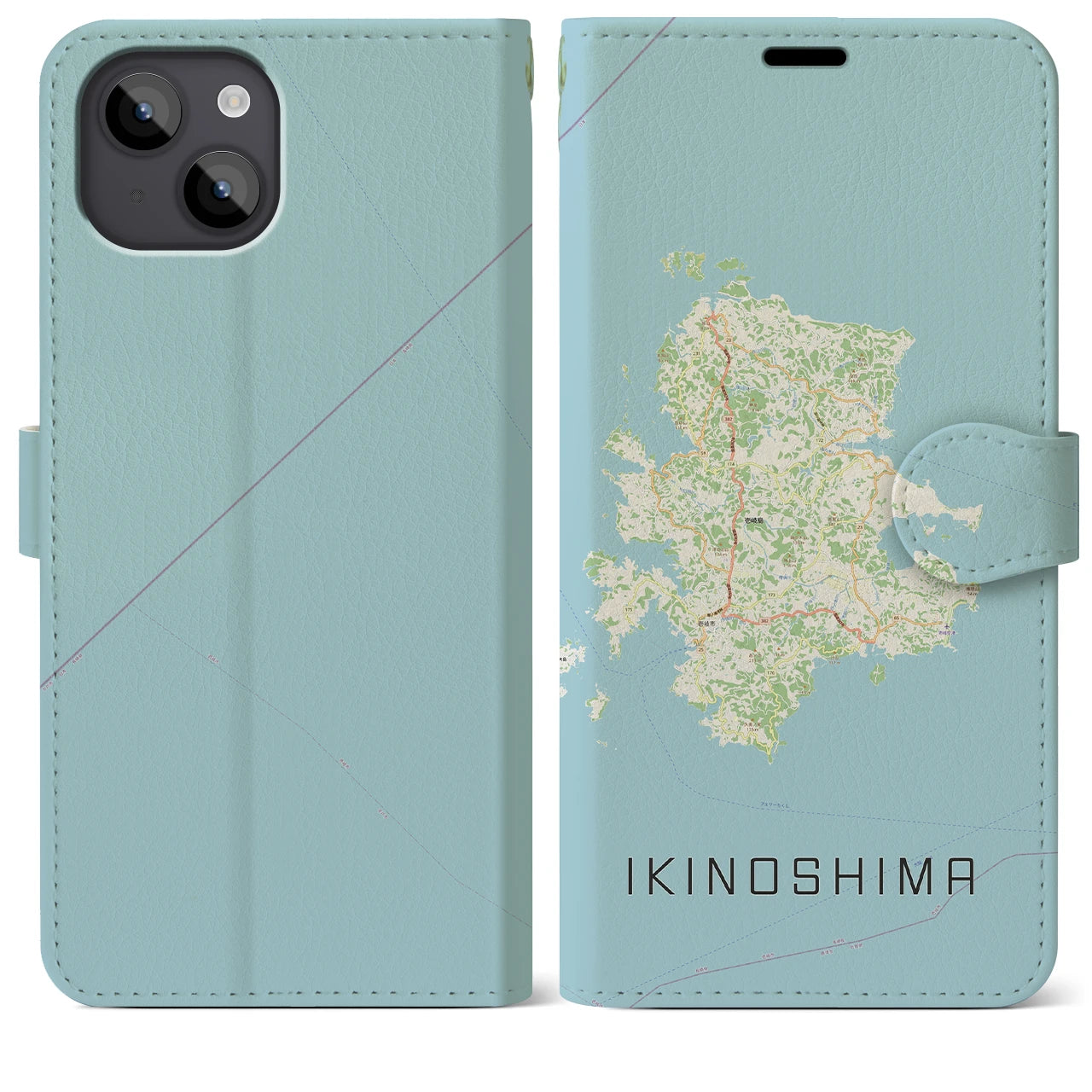 【壱岐島(長崎県)】地図柄iPhoneケース(手帳タイプ)ナチュラル・iPhone 14 Plus 用