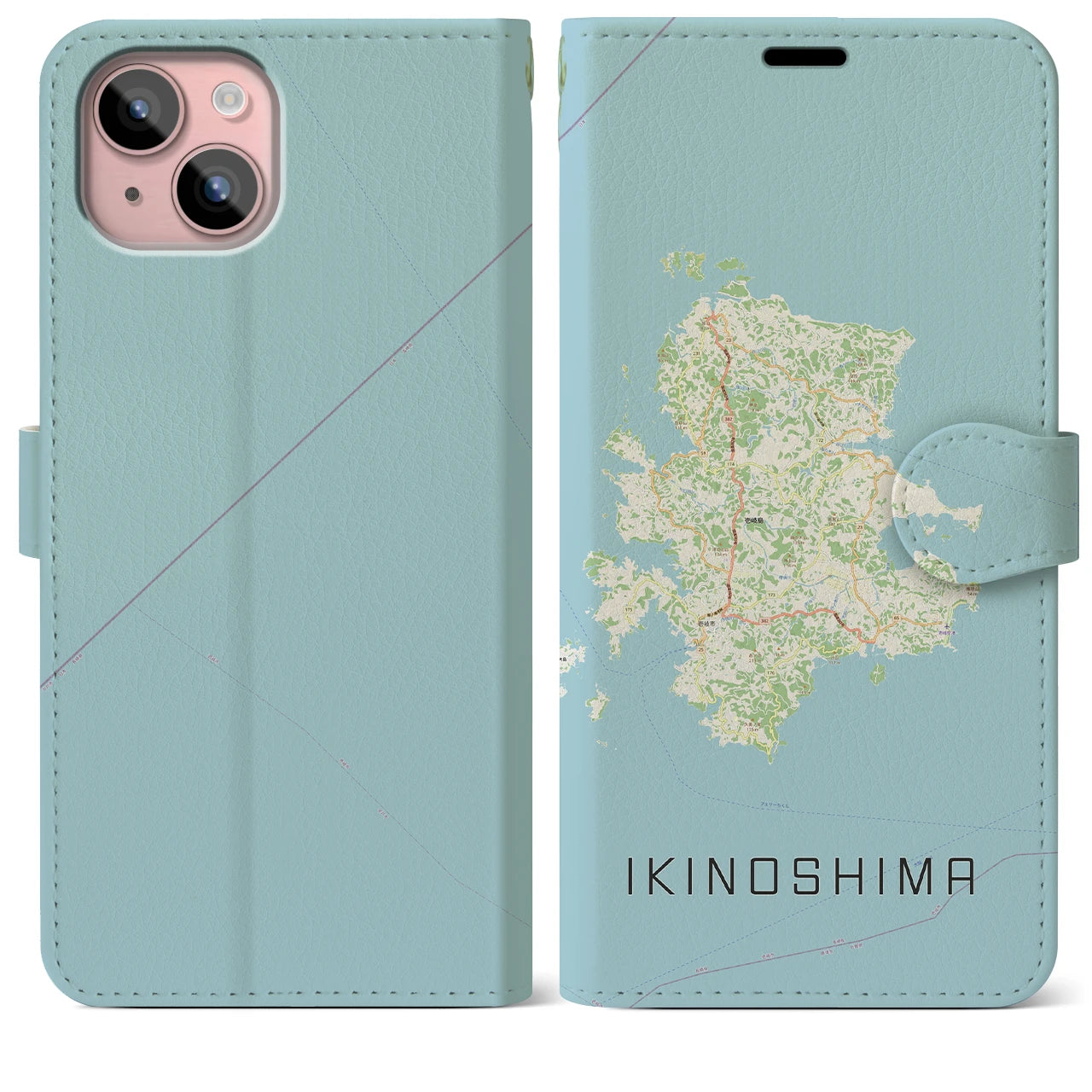 【壱岐島(長崎県)】地図柄iPhoneケース(手帳タイプ)ナチュラル・iPhone 15 Plus 用