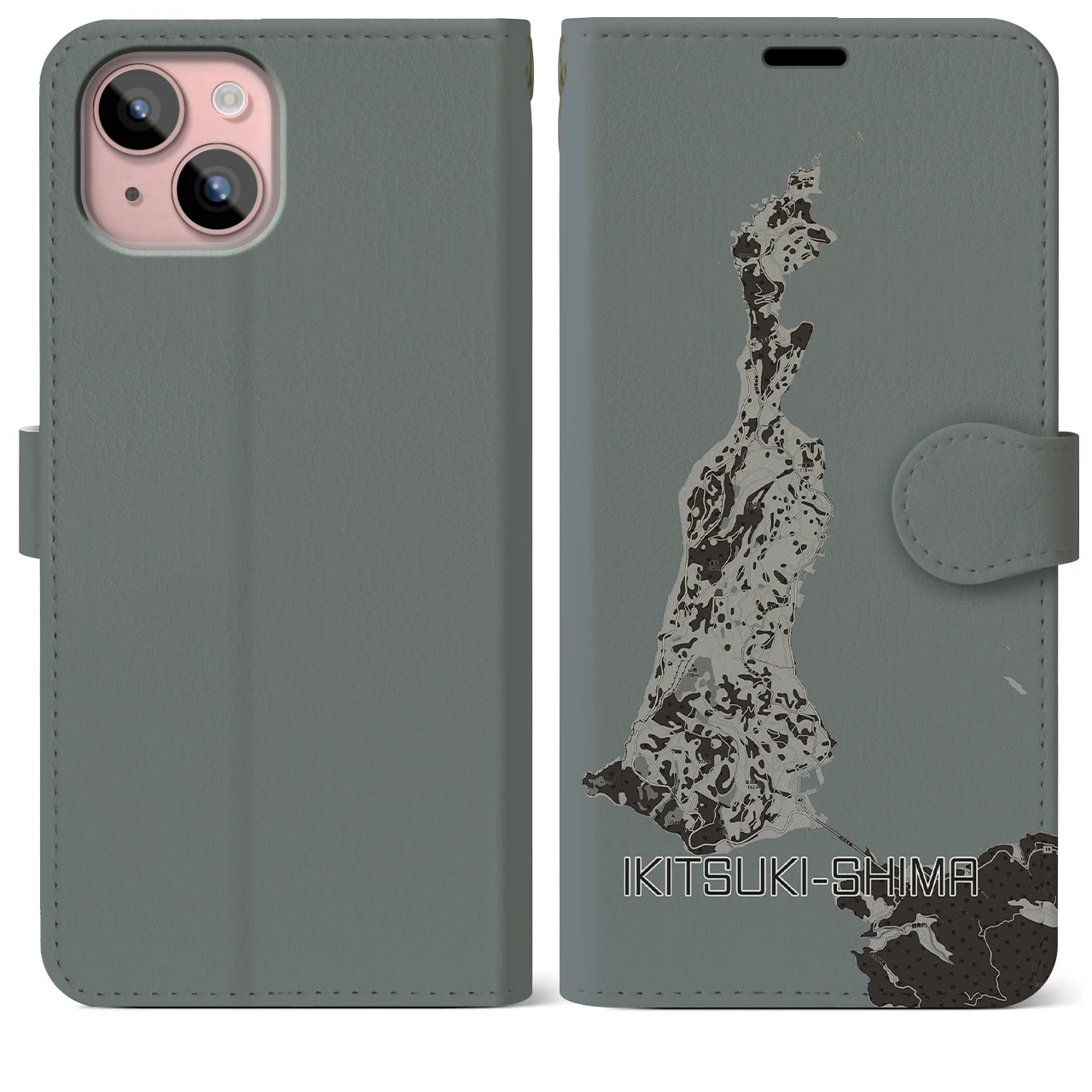 【生月島(長崎県)】地図柄iPhoneケース(手帳タイプ)モノトーン・iPhone 15 Plus 用
