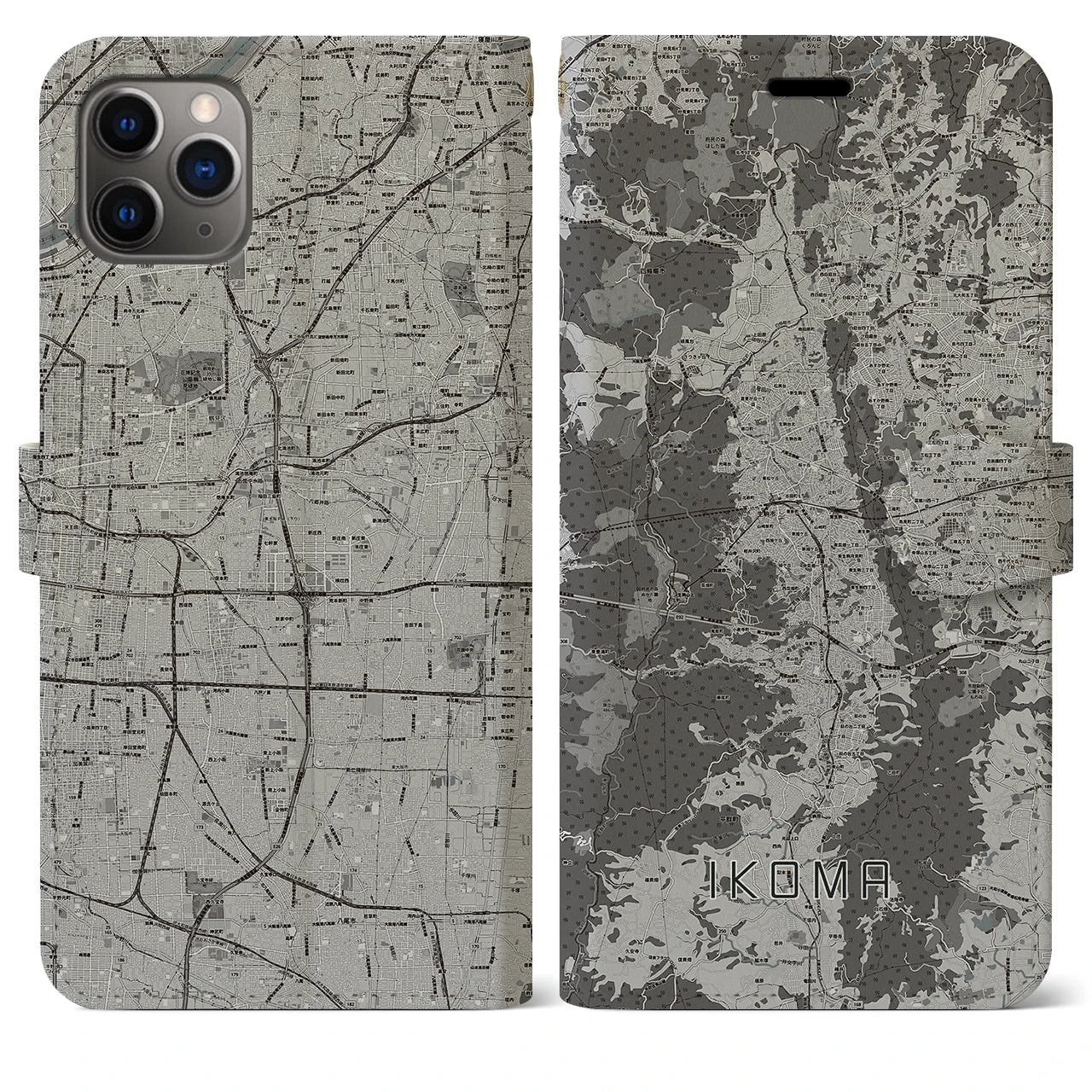 【生駒(奈良県)】地図柄iPhoneケース(手帳タイプ)モノトーン・iPhone 11 Pro Max 用