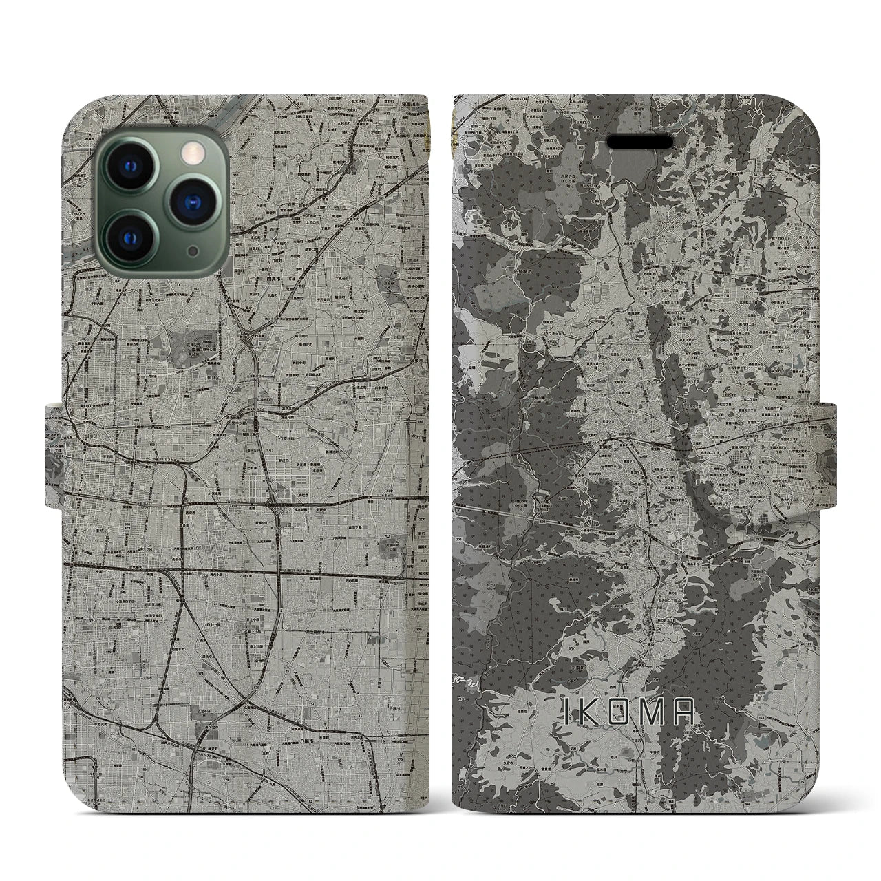 【生駒(奈良県)】地図柄iPhoneケース(手帳タイプ)モノトーン・iPhone 11 Pro 用