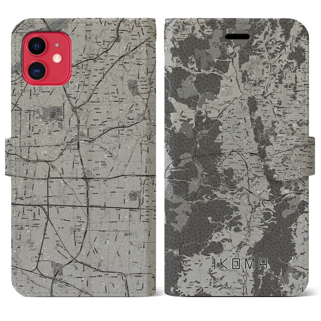 【生駒(奈良県)】地図柄iPhoneケース(手帳タイプ)モノトーン・iPhone 11 用