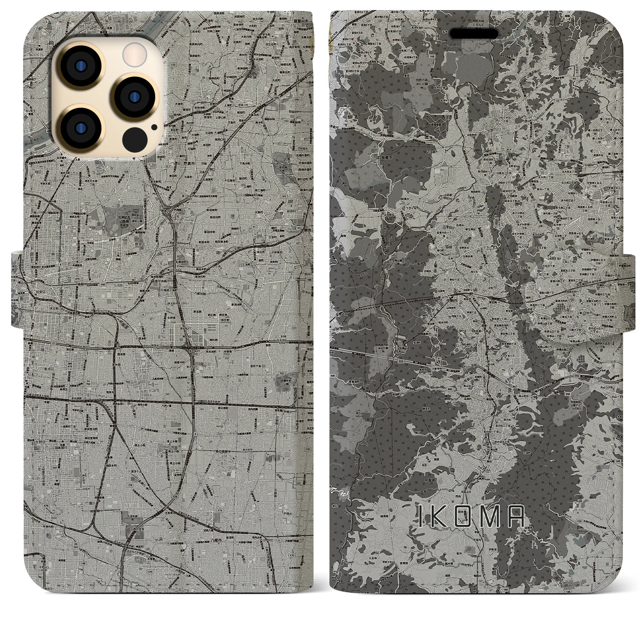 【生駒(奈良県)】地図柄iPhoneケース(手帳タイプ)モノトーン・iPhone 12 Pro Max 用