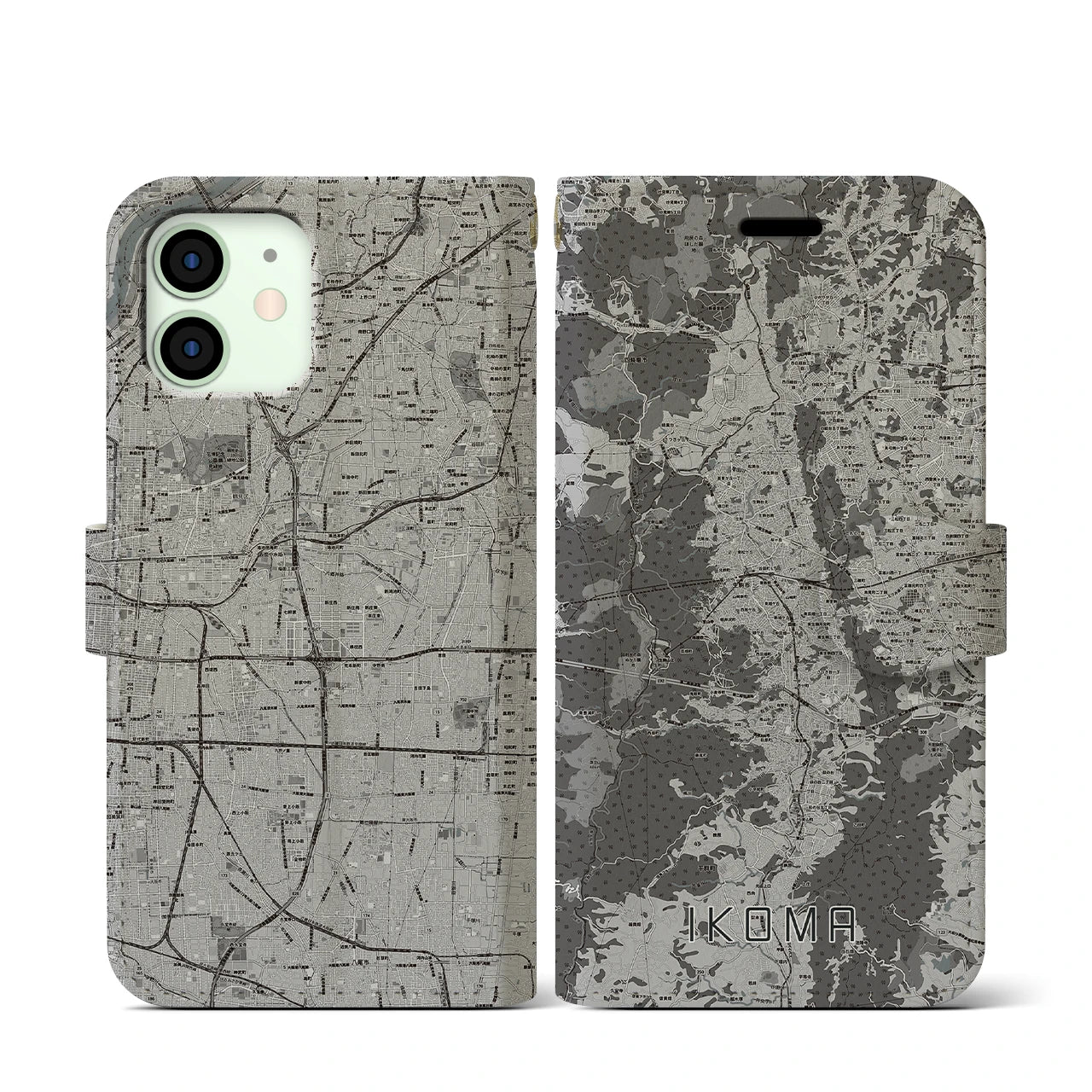 【生駒(奈良県)】地図柄iPhoneケース(手帳タイプ)モノトーン・iPhone 12 mini 用