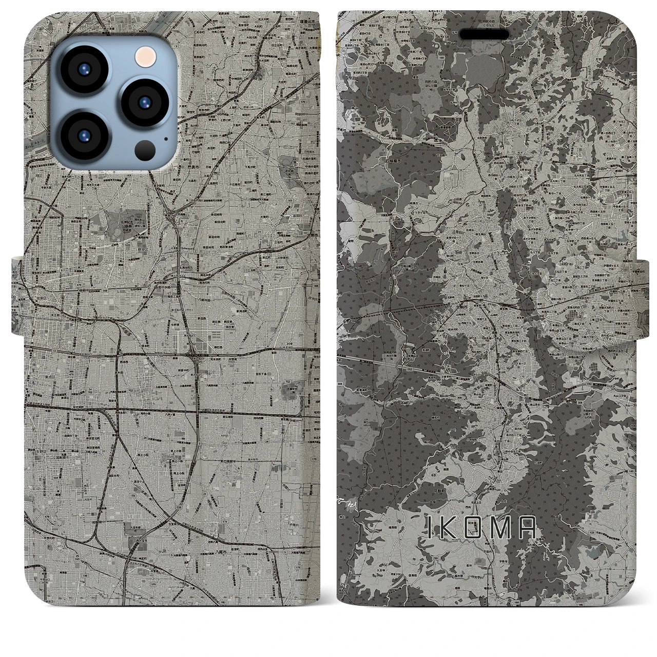 【生駒(奈良県)】地図柄iPhoneケース(手帳タイプ)モノトーン・iPhone 13 Pro Max 用