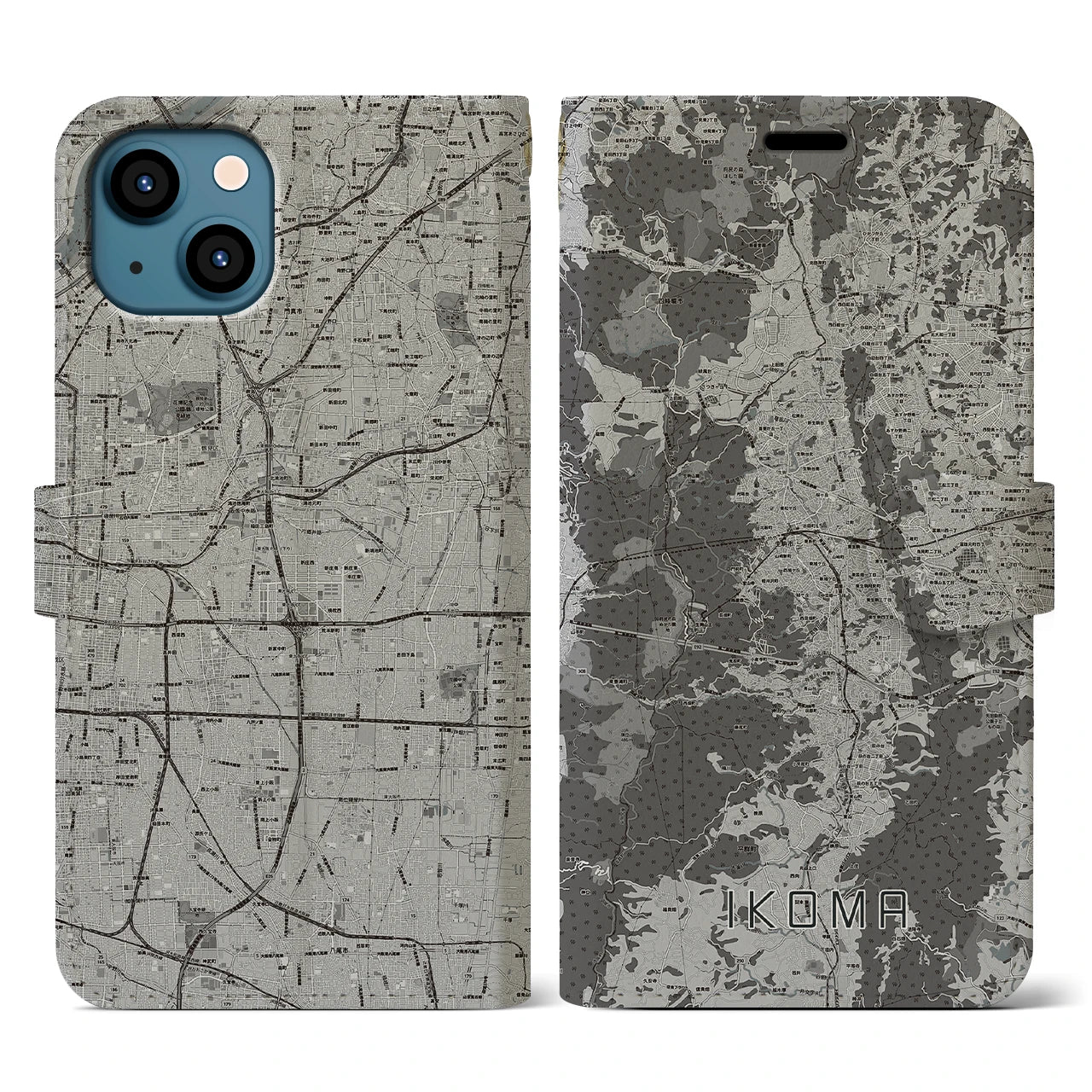 【生駒(奈良県)】地図柄iPhoneケース(手帳タイプ)モノトーン・iPhone 13 用