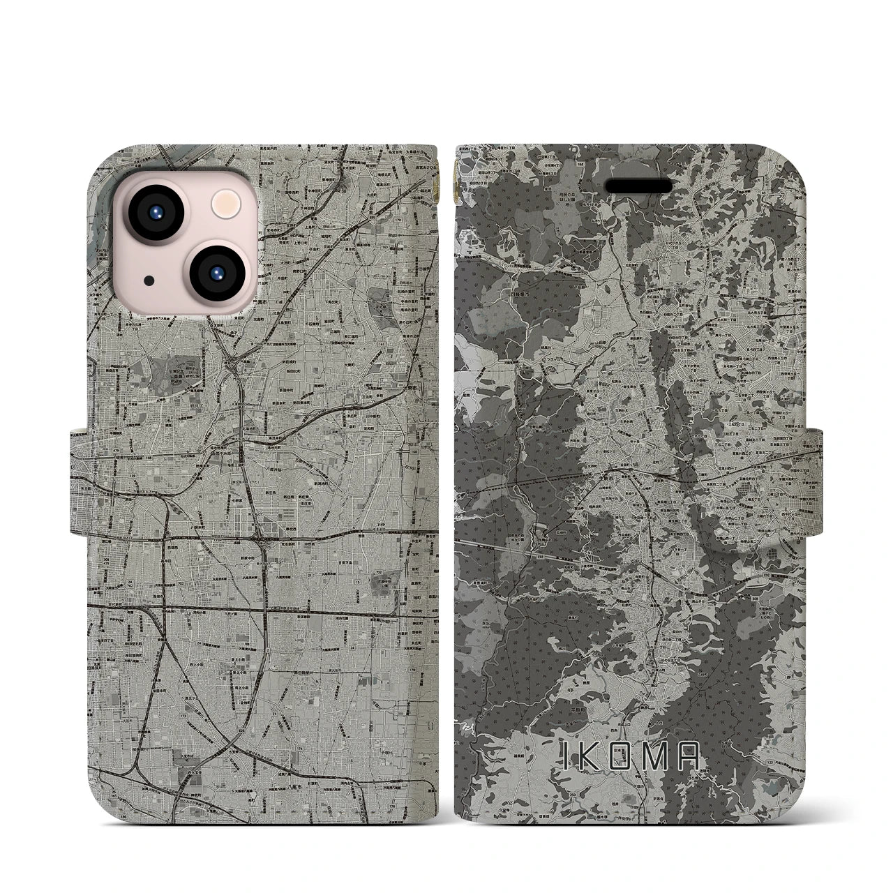 【生駒(奈良県)】地図柄iPhoneケース(手帳タイプ)モノトーン・iPhone 13 mini 用