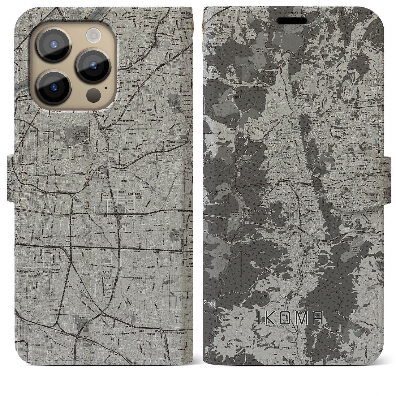 【生駒(奈良県)】地図柄iPhoneケース(手帳タイプ)モノトーン・iPhone 14 Pro Max 用