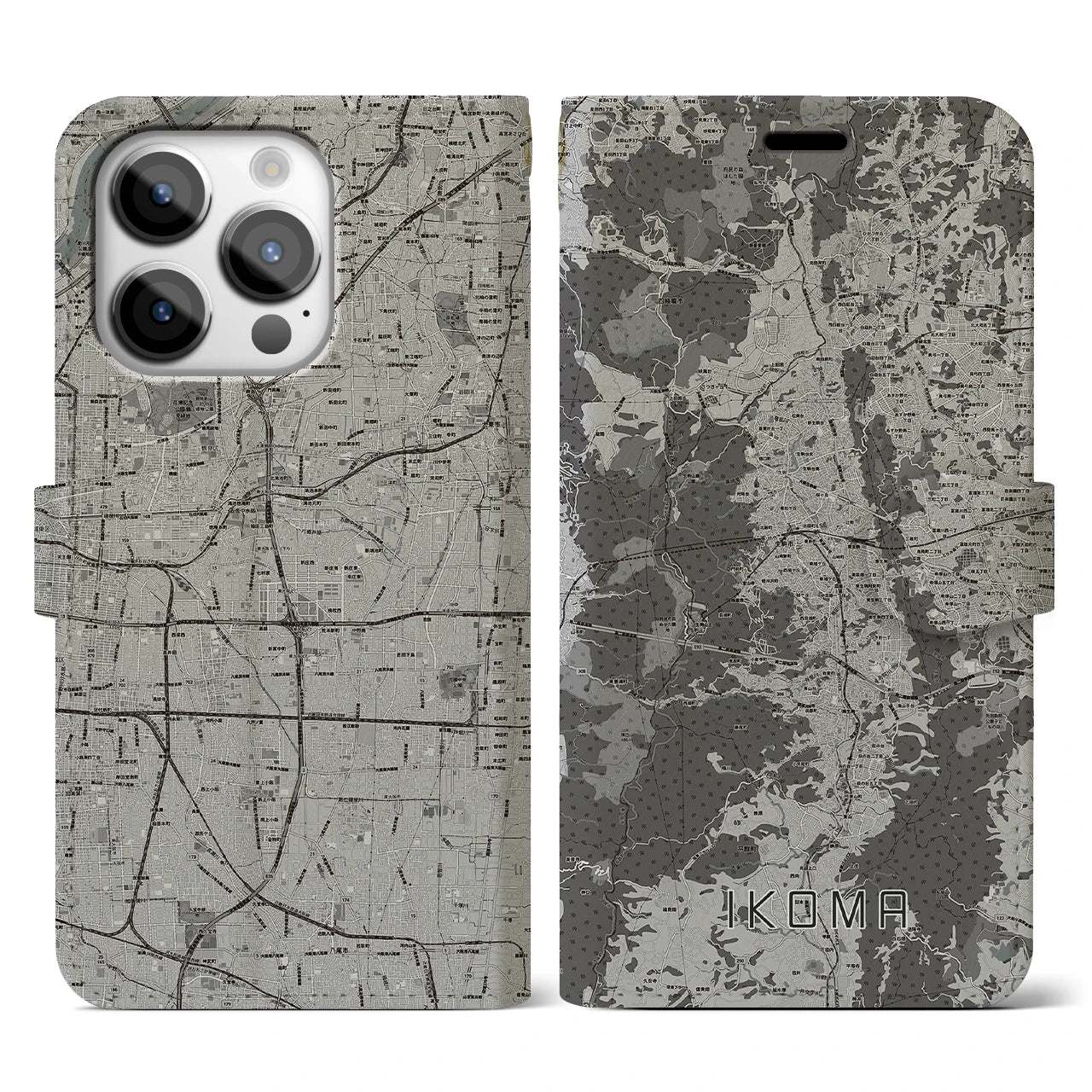 【生駒(奈良県)】地図柄iPhoneケース(手帳タイプ)モノトーン・iPhone 14 Pro 用