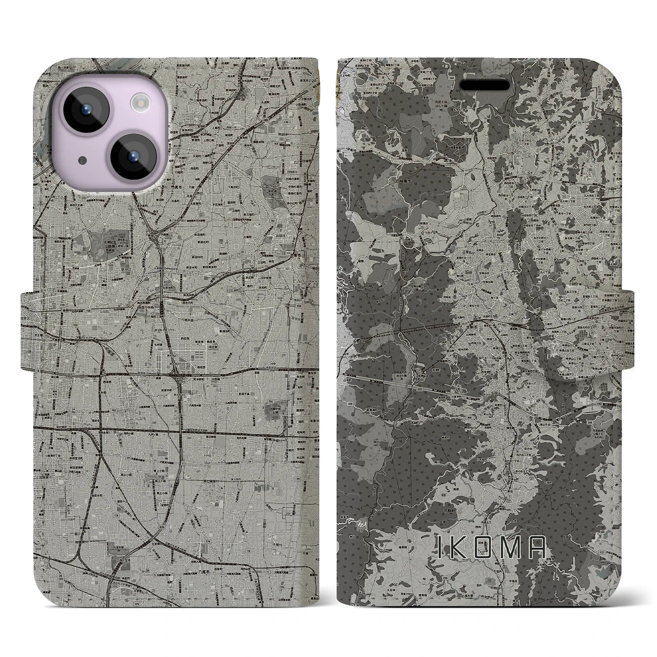 【生駒(奈良県)】地図柄iPhoneケース(手帳タイプ)モノトーン・iPhone 14 用