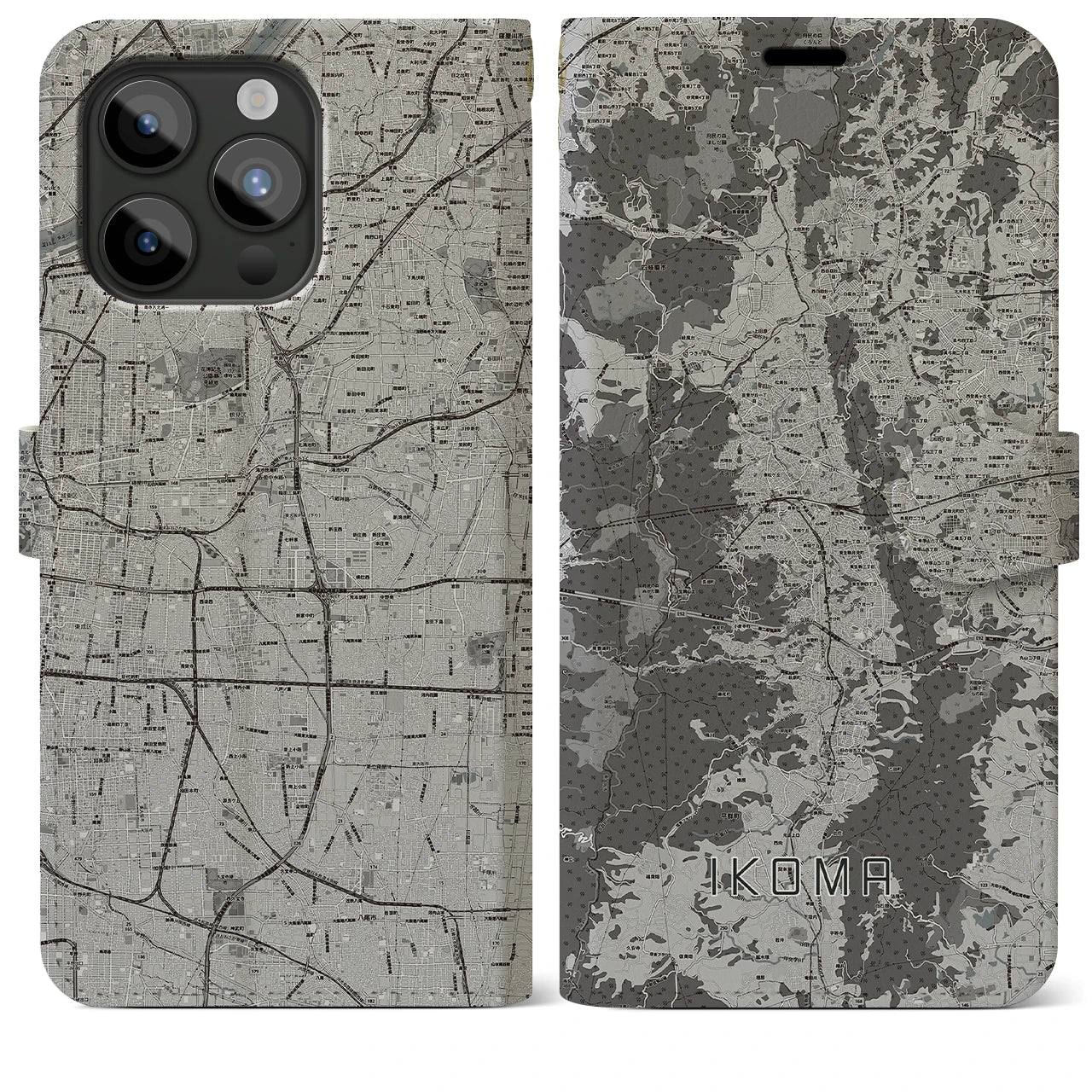 【生駒(奈良県)】地図柄iPhoneケース(手帳タイプ)モノトーン・iPhone 15 Pro Max 用