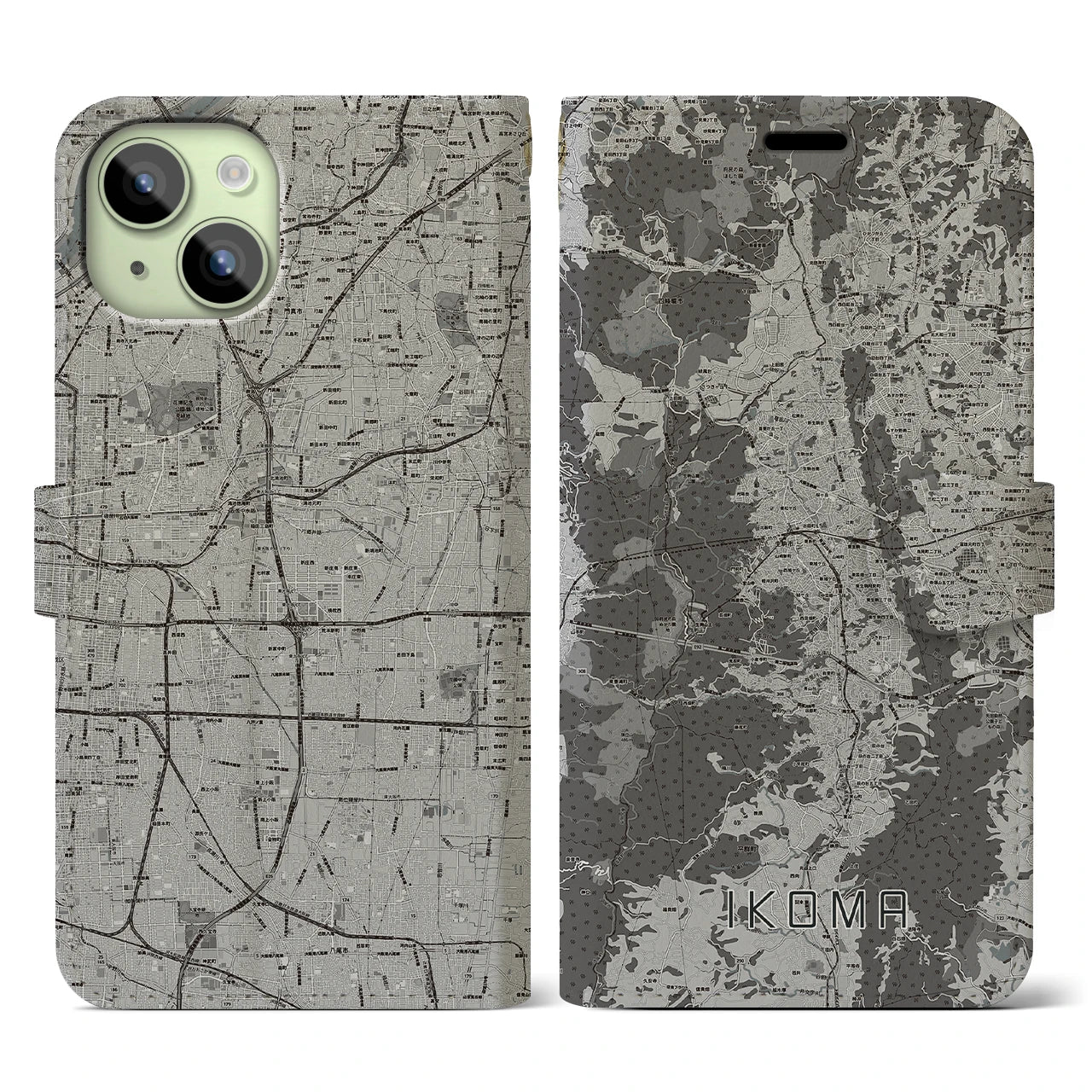 【生駒(奈良県)】地図柄iPhoneケース(手帳タイプ)モノトーン・iPhone 15 用