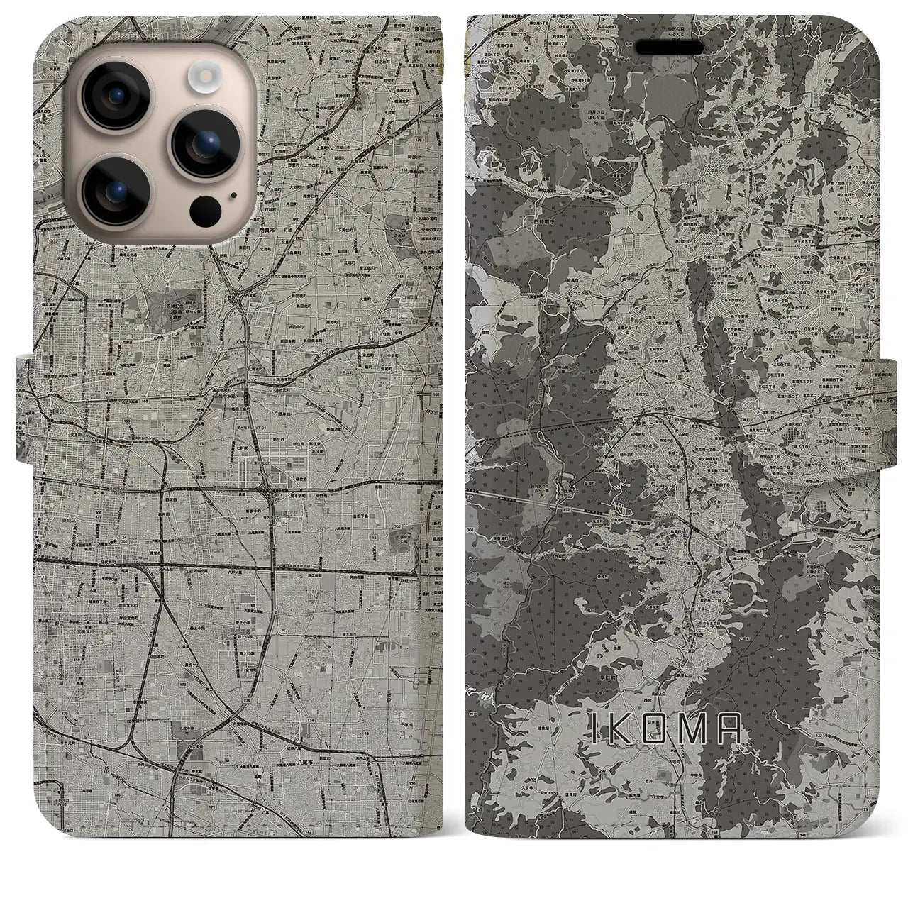 【生駒(奈良県)】地図柄iPhoneケース(手帳タイプ)モノトーン・iPhone 16 Plus 用