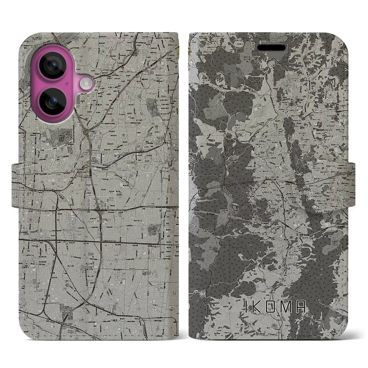 【生駒(奈良県)】地図柄iPhoneケース(手帳タイプ)モノトーン・iPhone 16 Pro 用
