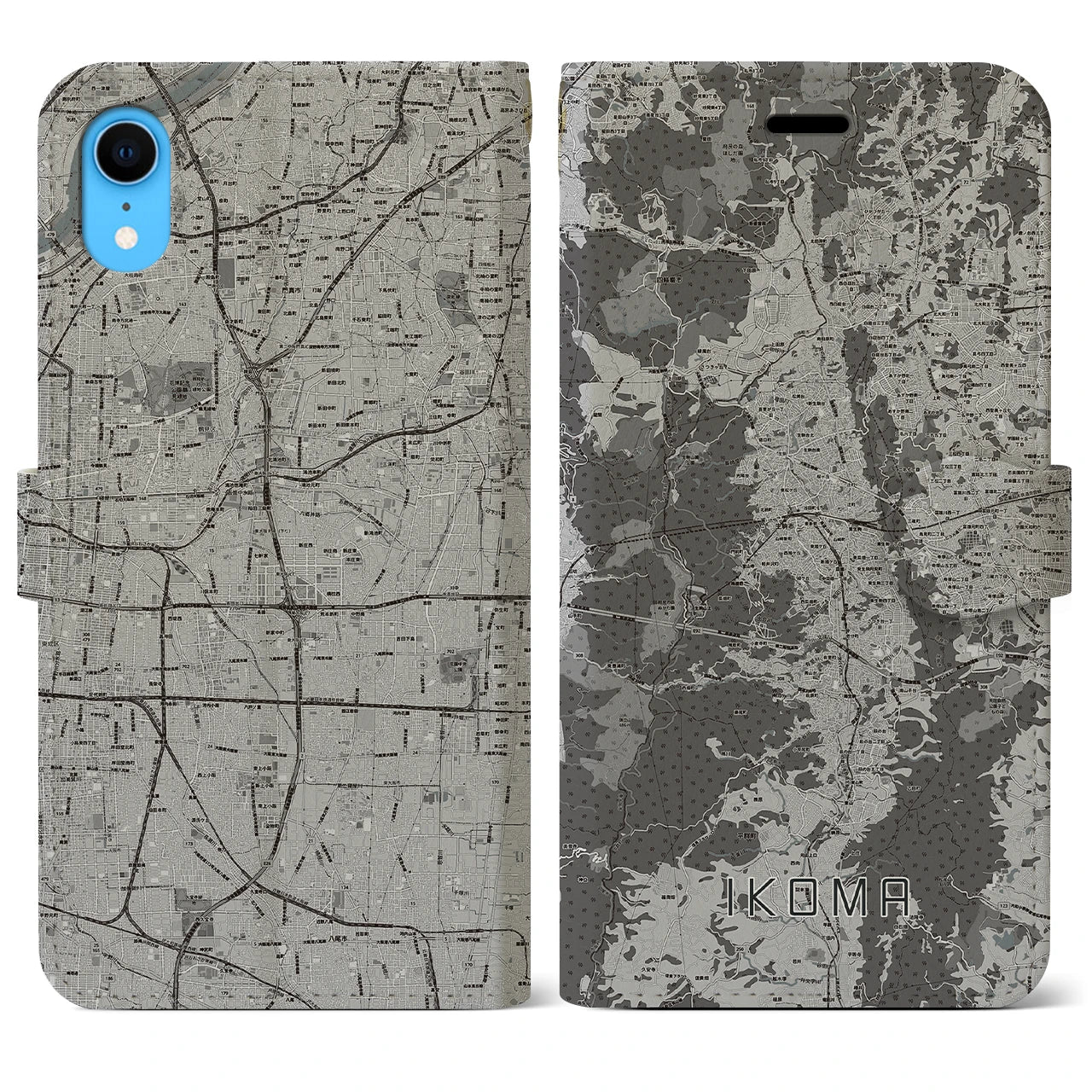 【生駒(奈良県)】地図柄iPhoneケース(手帳タイプ)モノトーン・iPhone XR 用