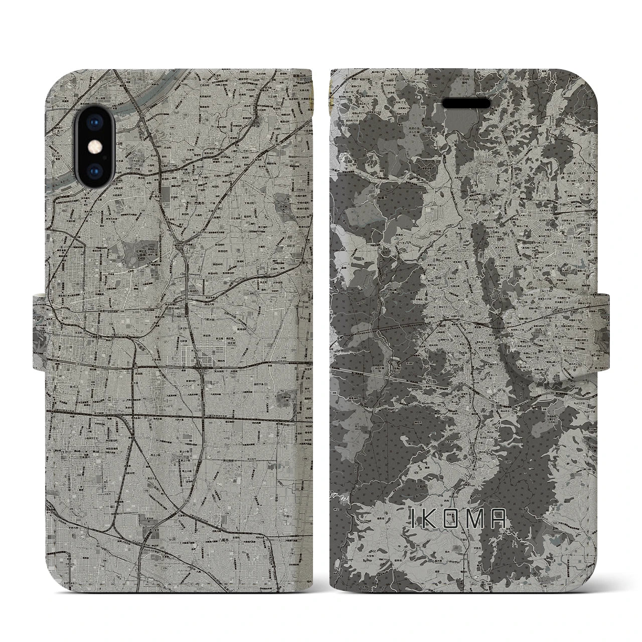 【生駒(奈良県)】地図柄iPhoneケース(手帳タイプ)モノトーン・iPhone XS / X 用