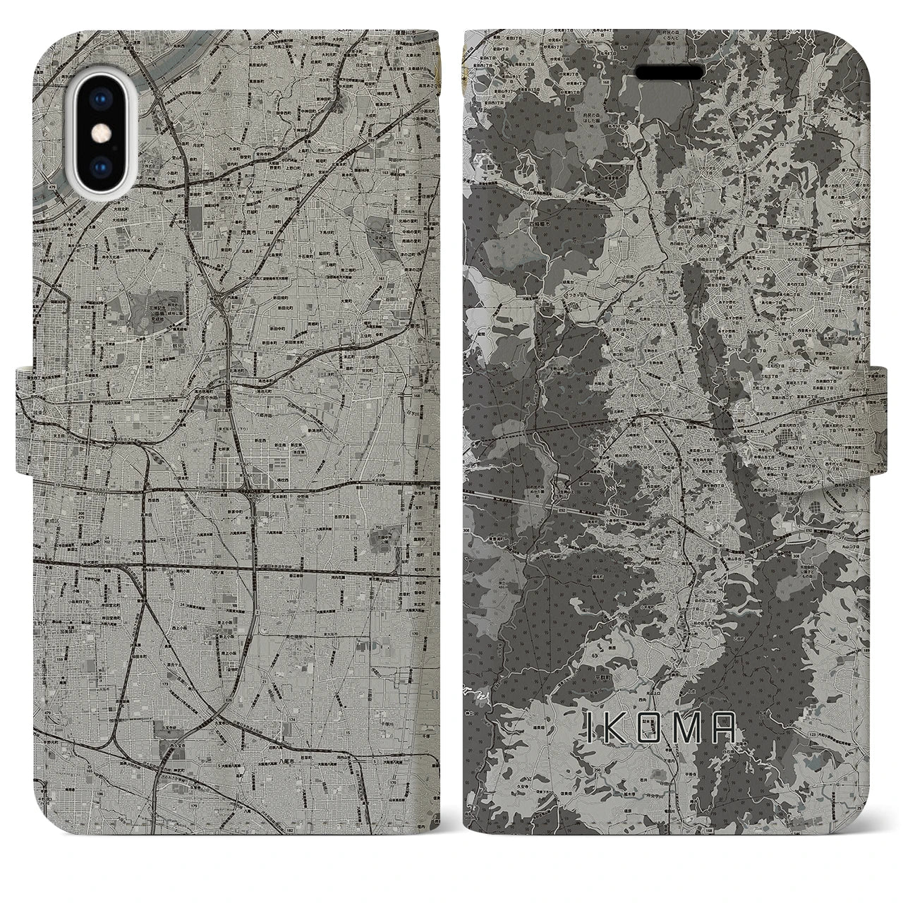 【生駒(奈良県)】地図柄iPhoneケース(手帳タイプ)モノトーン・iPhone XS Max 用